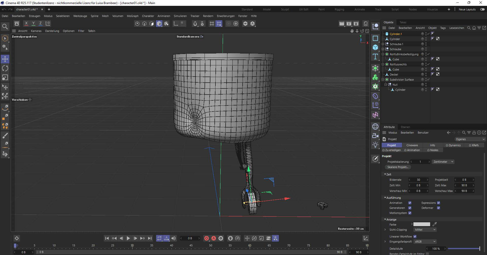 Als Basis für den Character habe ich einen Würfel genommen. Den habe ich durch das extrudieren Werkzeug zerbeult und „unperfekt“ designt. Hinterher habe ich noch einen Deckel geformt und wieder durch das extrudieren Werkzeug einen Hohlraum in dem Würfel erschaffen.