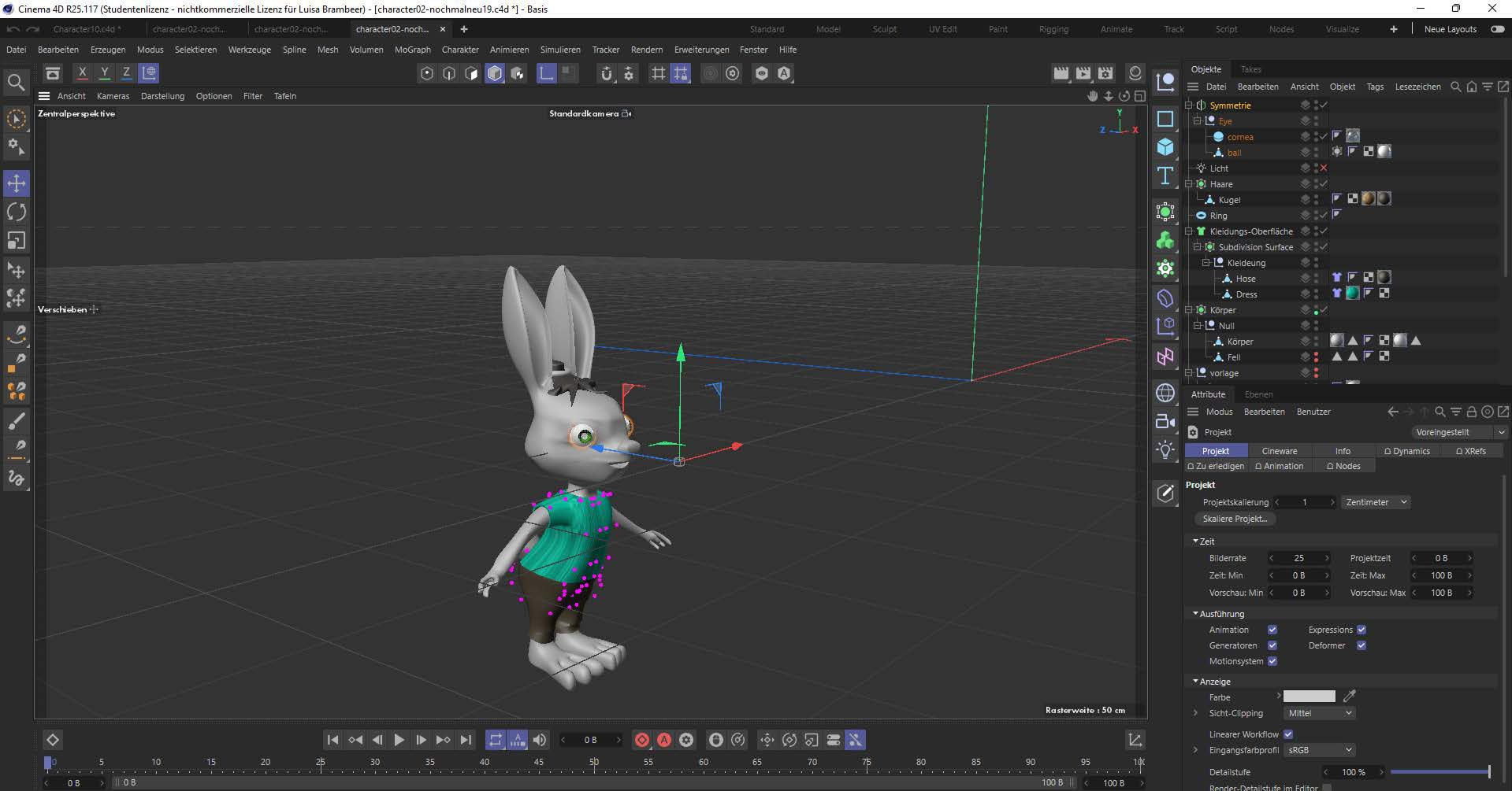 Durch das Split Tool konnte ich ein Oberteil und eine Hose meinem Character erstellen. Außerdem designte ich ihr in Photoshop noch eine Augentextur und zog es in Cinema4d auf eine Kugel.