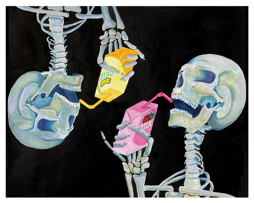 'Two Skeletons and 2% Milk' Gouache