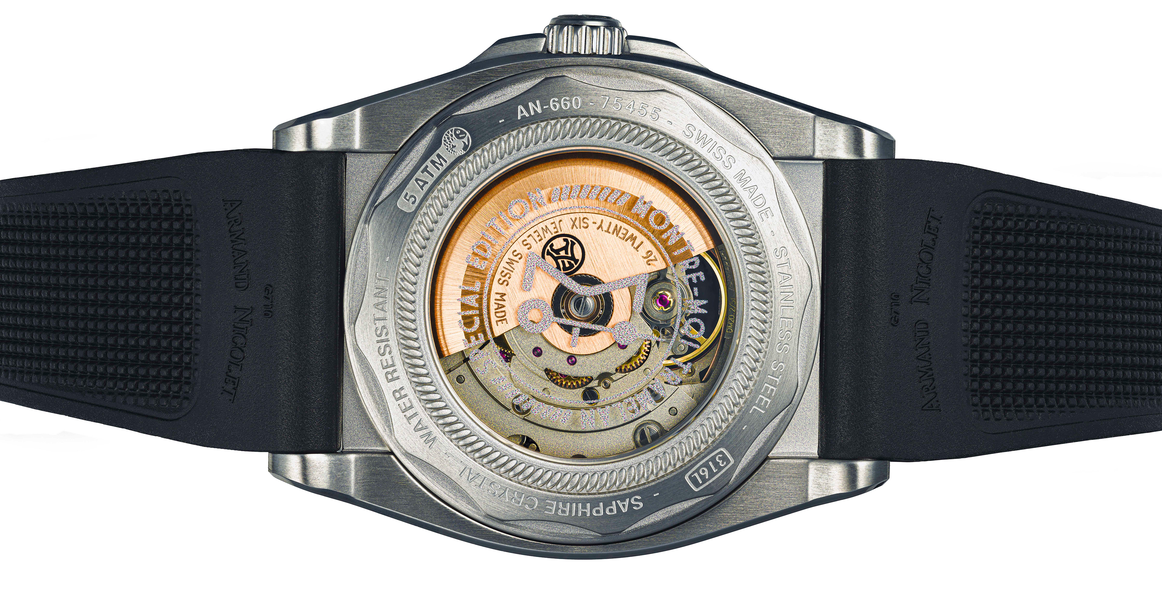 verso de la montre Armand Nicolet, édition de soutien à l'association Montre-moi Tramelan