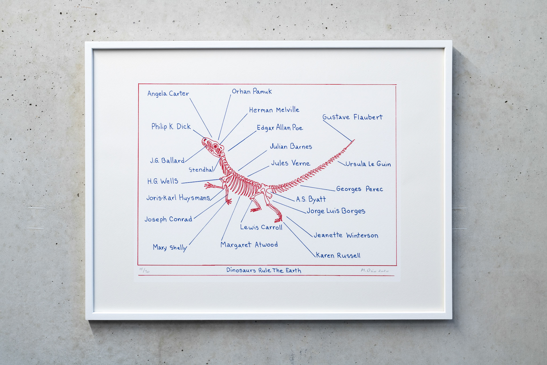 Mark Dion, Dinosaures Rule The Earth, 2020, red and blue pencil on paper, 52 x 39 cm