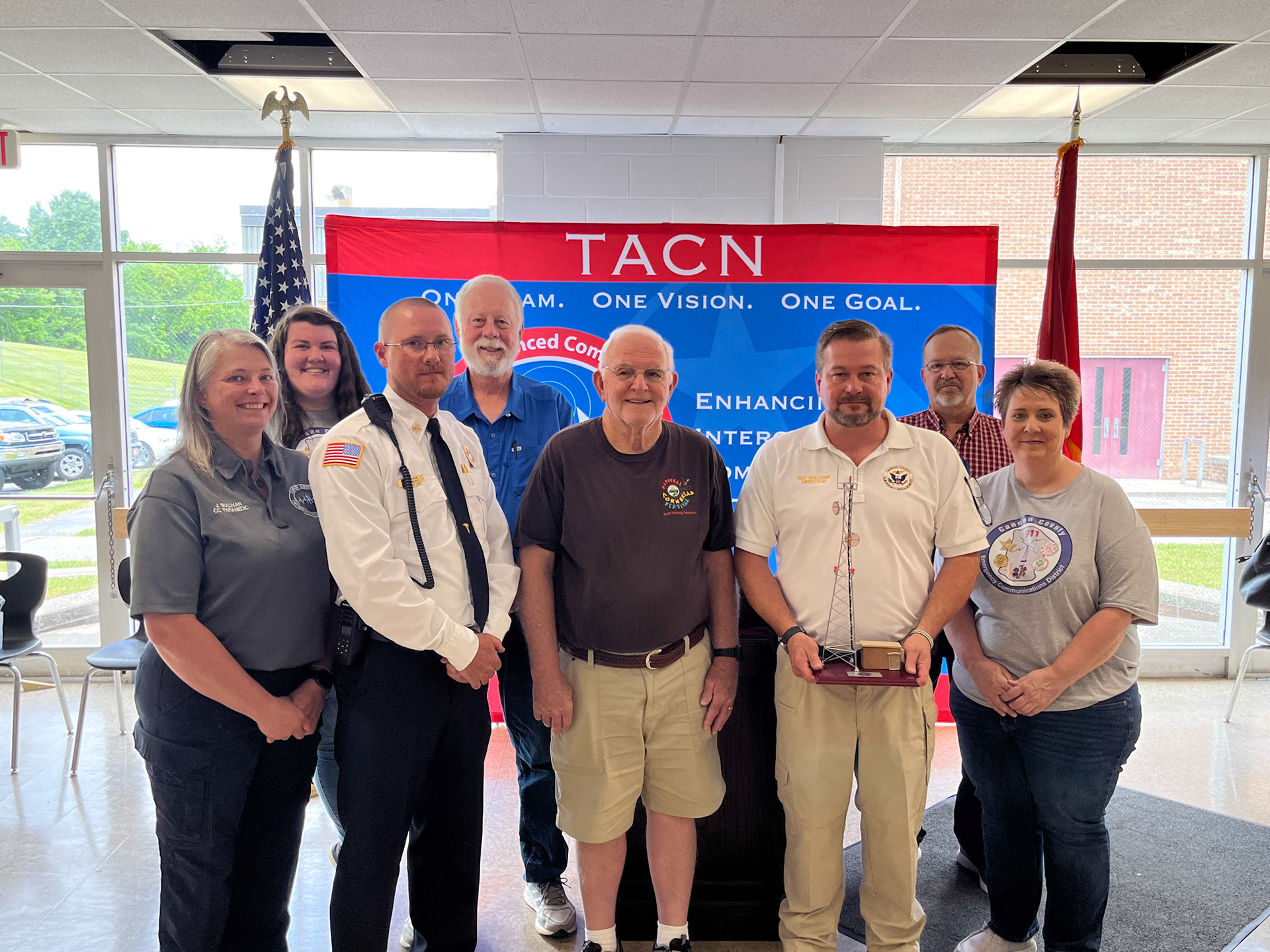 Jaylene Sullivan (Critical Care Paramedic & 911 Telecommunicator), Katie Gannon (911 Operations Coordinator & Alternate TAC), Justin Harris (EMS Director & 911 Board Member), James Adkins (911 Board Vice Chairman), John Naylor (911 Board Chairman), Roy Sullivan (911 & EMA Director), Jeff Estal (911 Board Member), and Fleisha Oakley (911 TAC).  *photo taken on iPhone by Chief Deputy Brown*