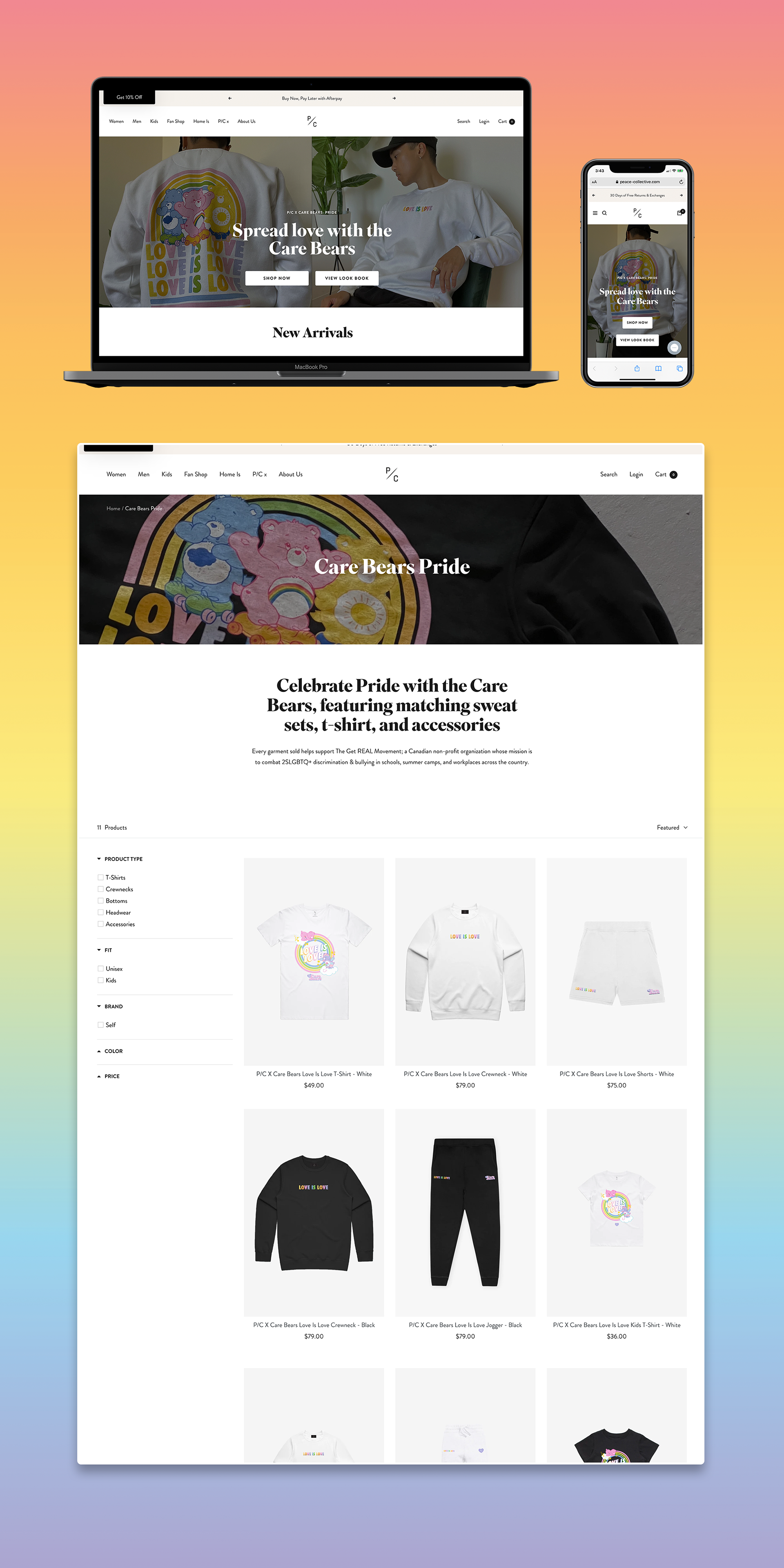 Care Bears Pride hero images are optimized on desktop and mobile mockups and collection page screenshot