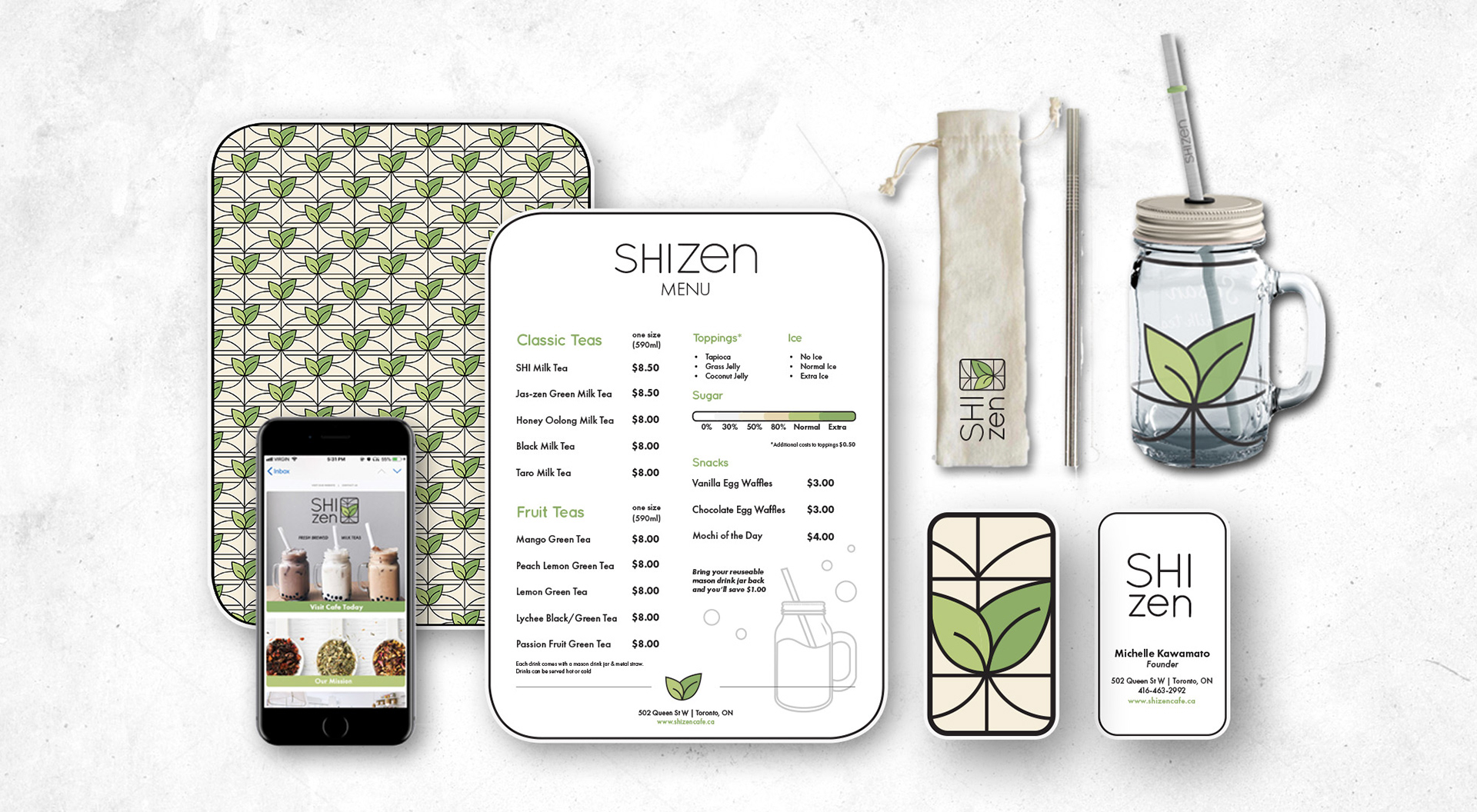 Shizen Stationary - Paper menu, business cards, email marketing, packaging design (reusable mason drink jar, metal straw, and straw bag) 