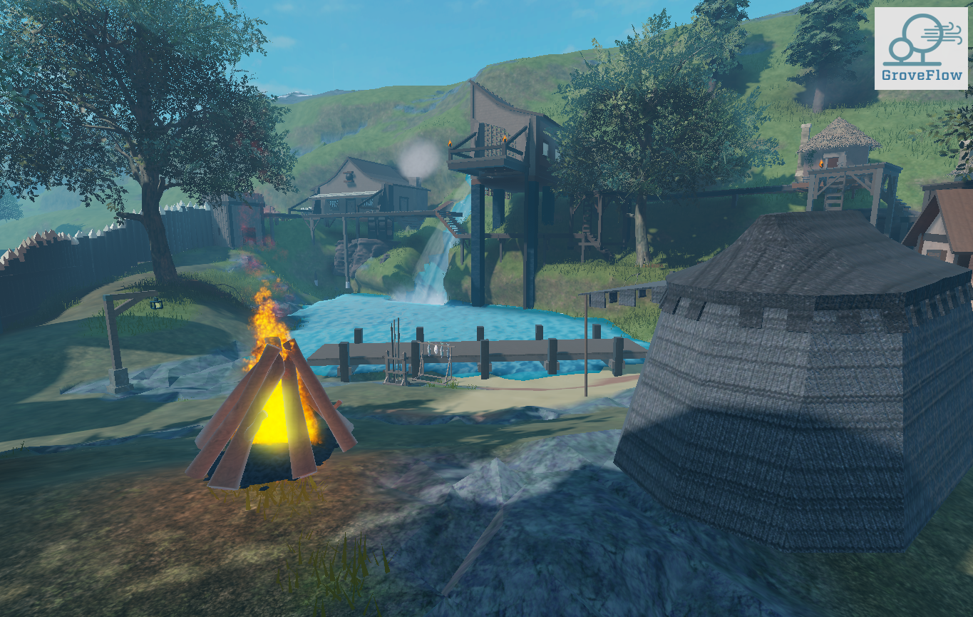 the huts and tents in the wooden castle