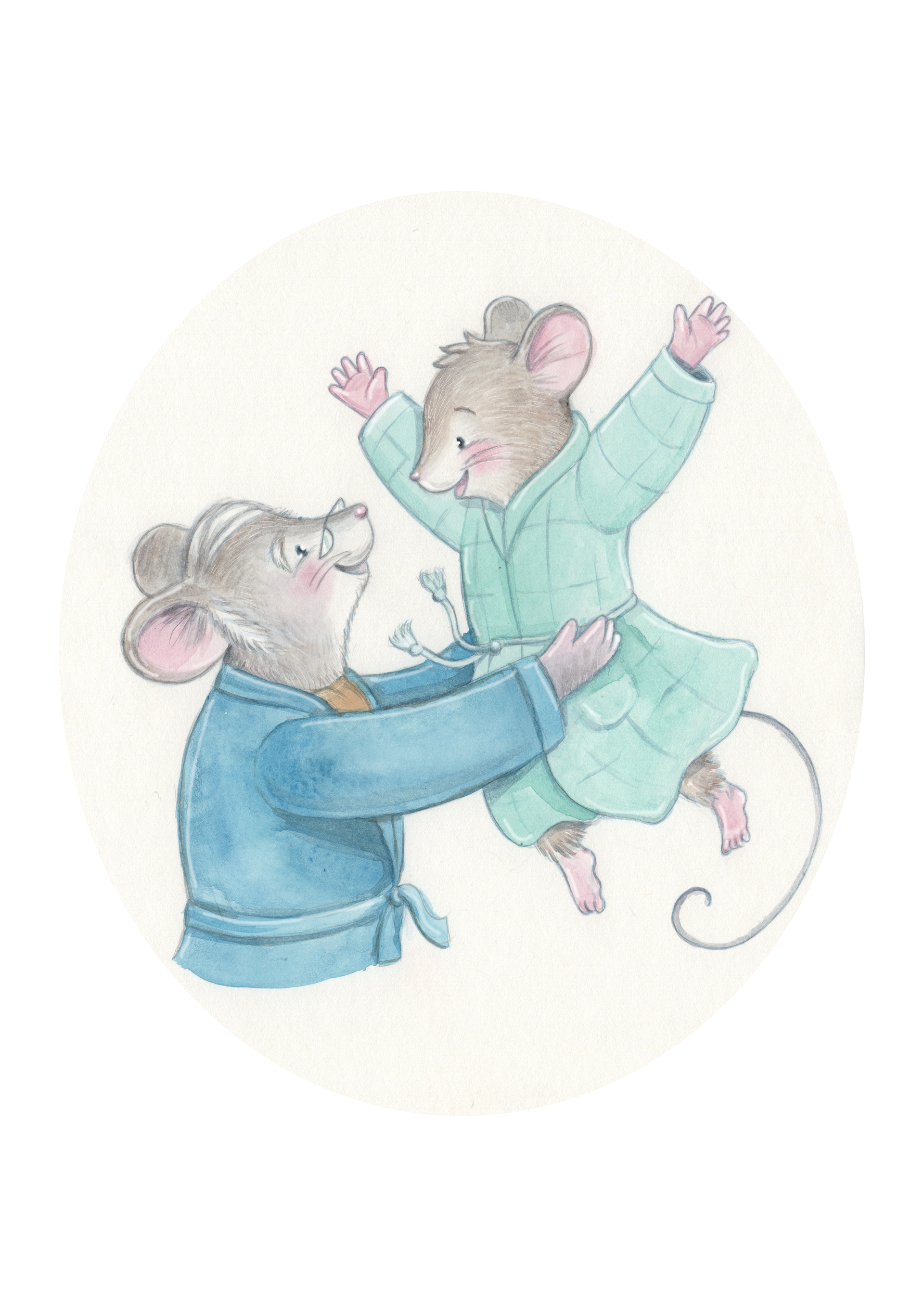 Grandad mouse lifts Tom mouse in the air, they both laugh.
