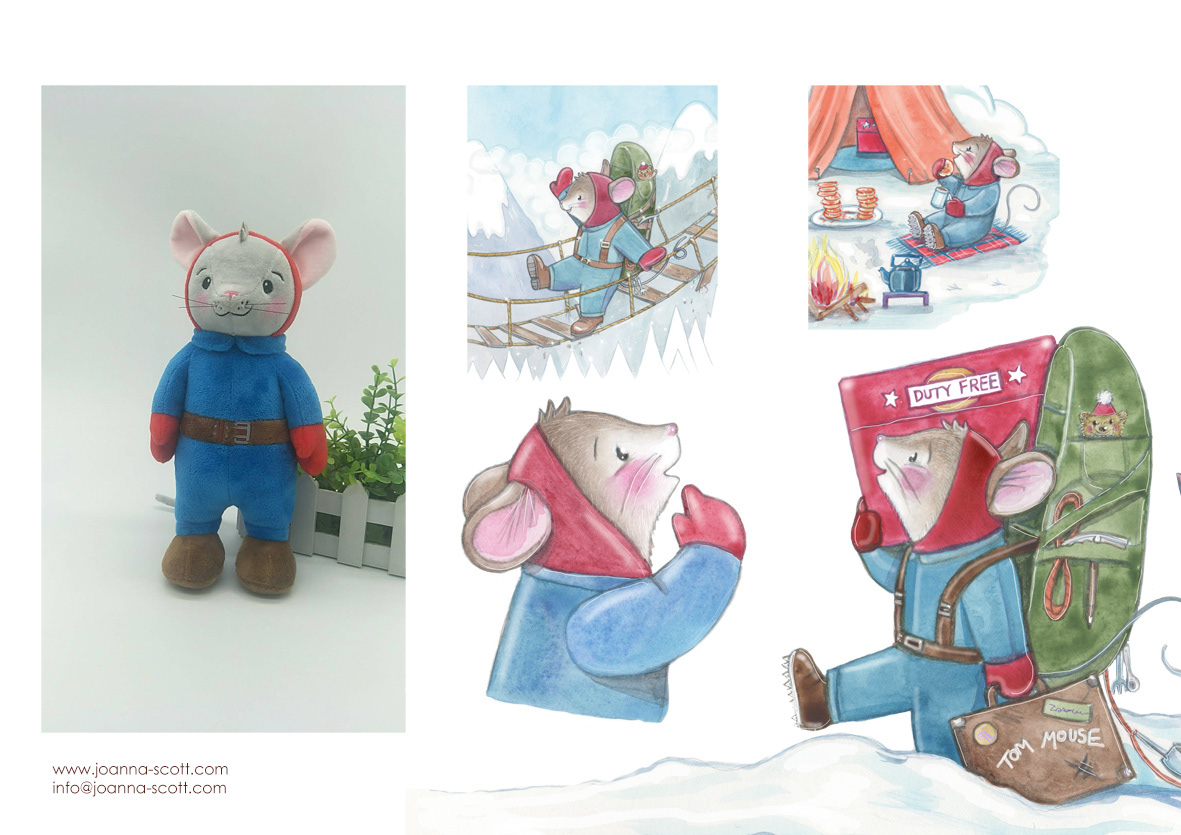 Tom Mouse plush toy with red balaclava and blue boiler suit, with brown boots and red mittens - various images of Tom on his adventures too,