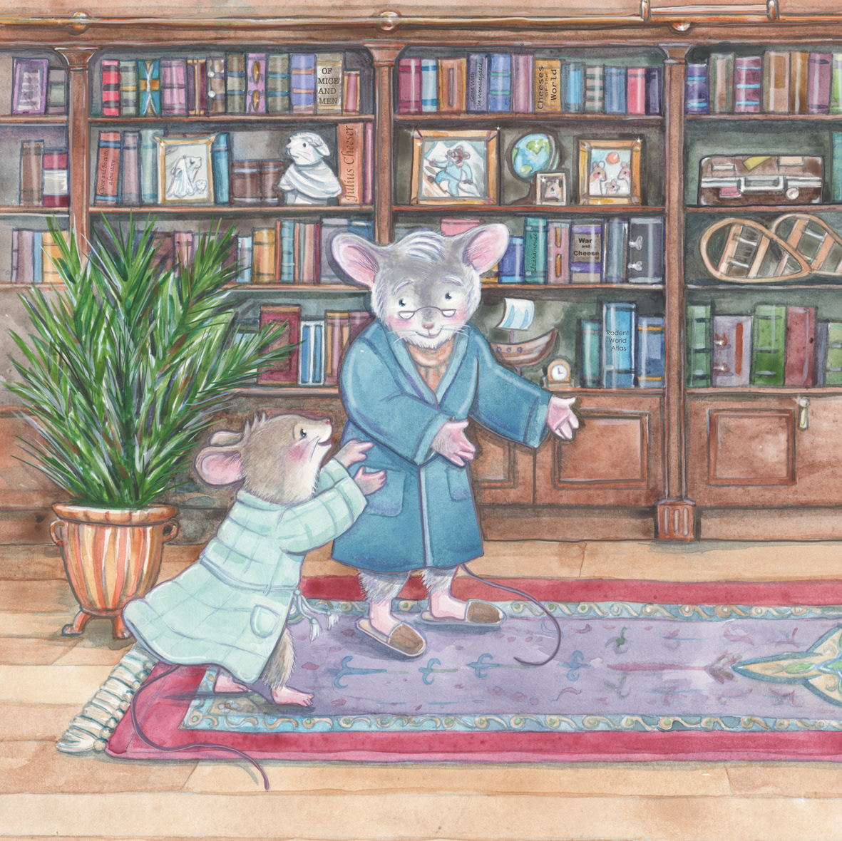 In Grandad's study there are lots and lots of old books, photos and items from Grandads journys around the world. Grandad is pointing at something across the room and Tom looks excited!