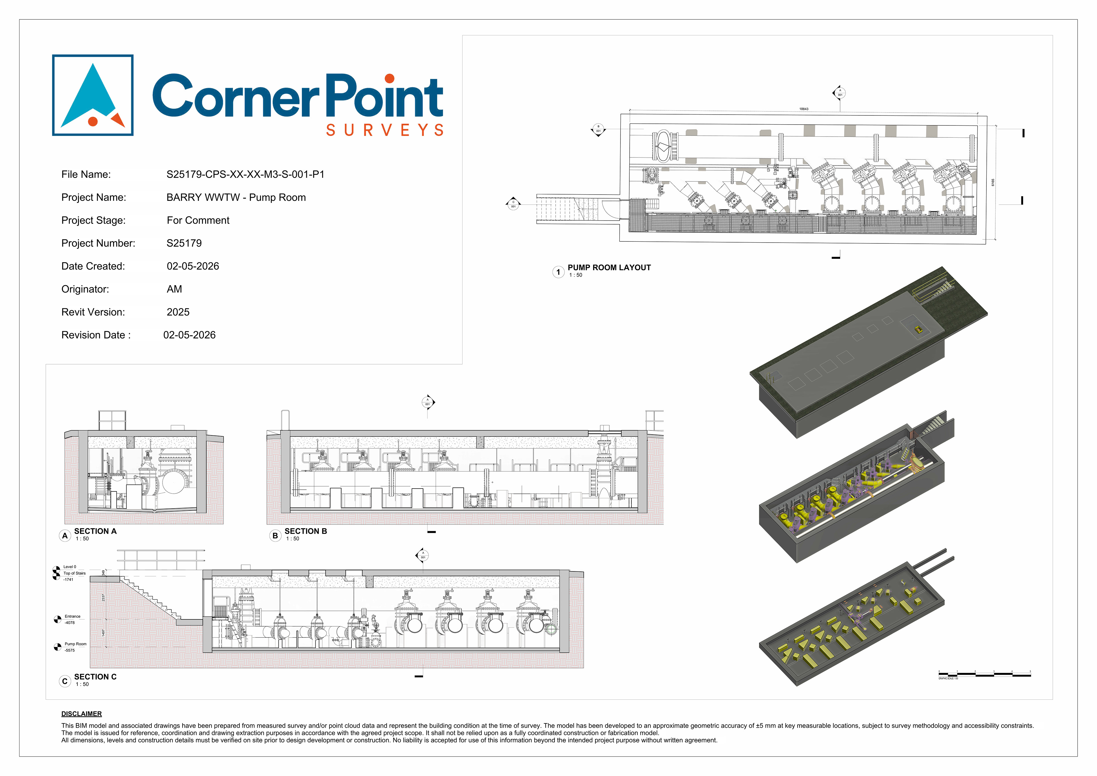Barry WWTW pump room - Scan to BIM Revit MEP model, 1:50 layout & sections