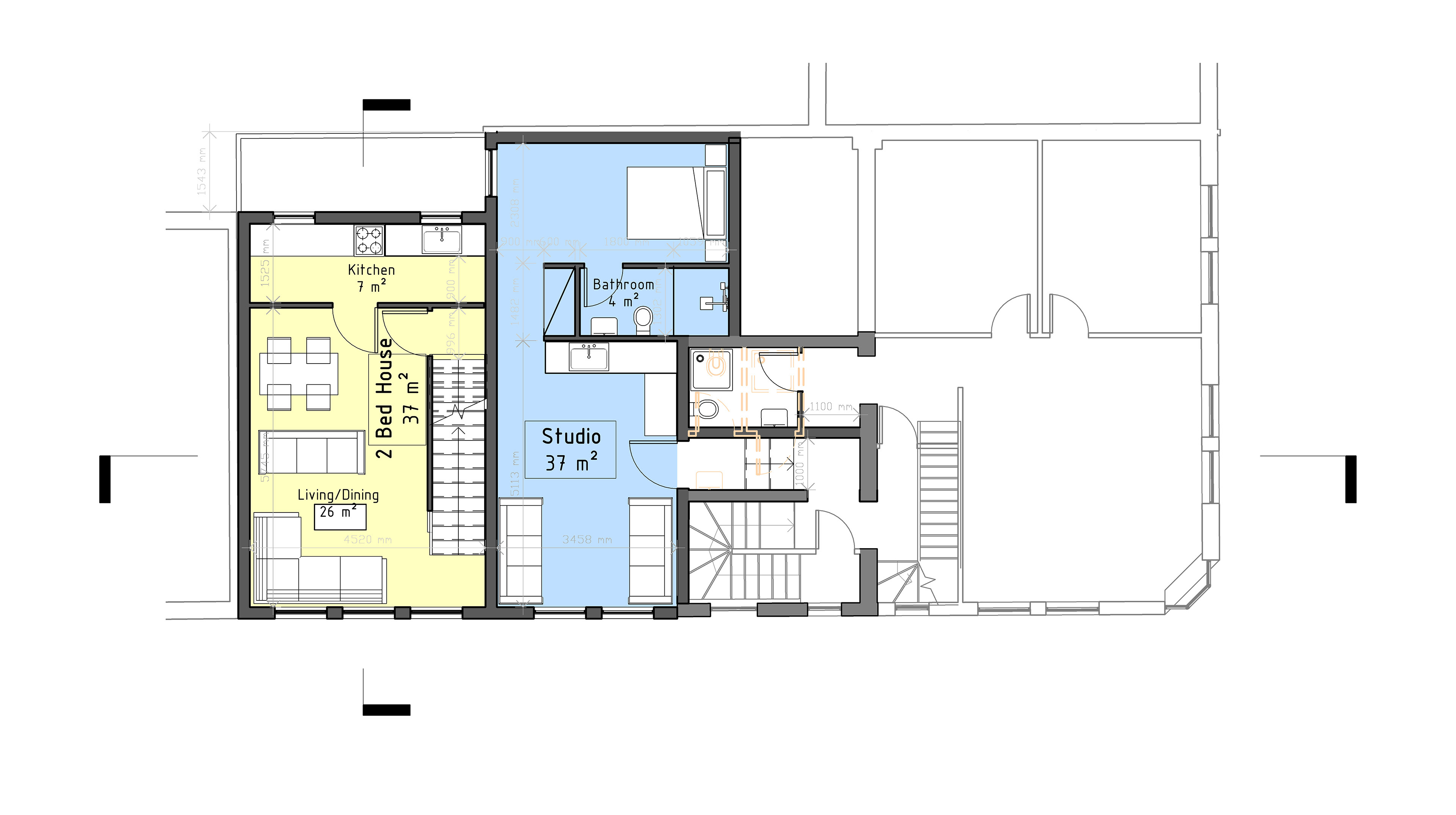 Studio flat in addition to 2-bed-House