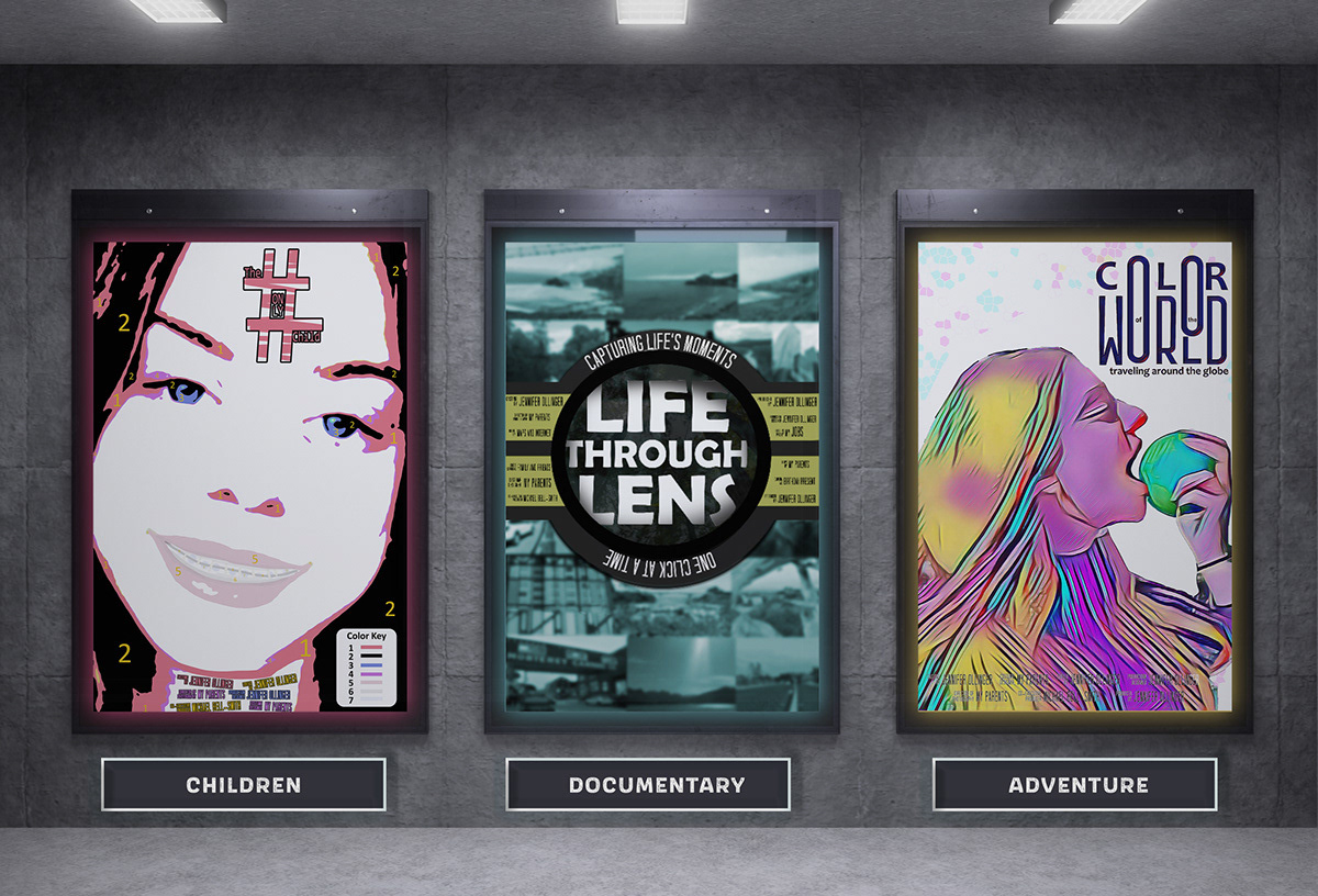 Senior thesis exploring pivotal stages of life through a series of conceptual movie posters, combining original photography, personal imagery, and digital illustration to create cinematic visual narratives.
