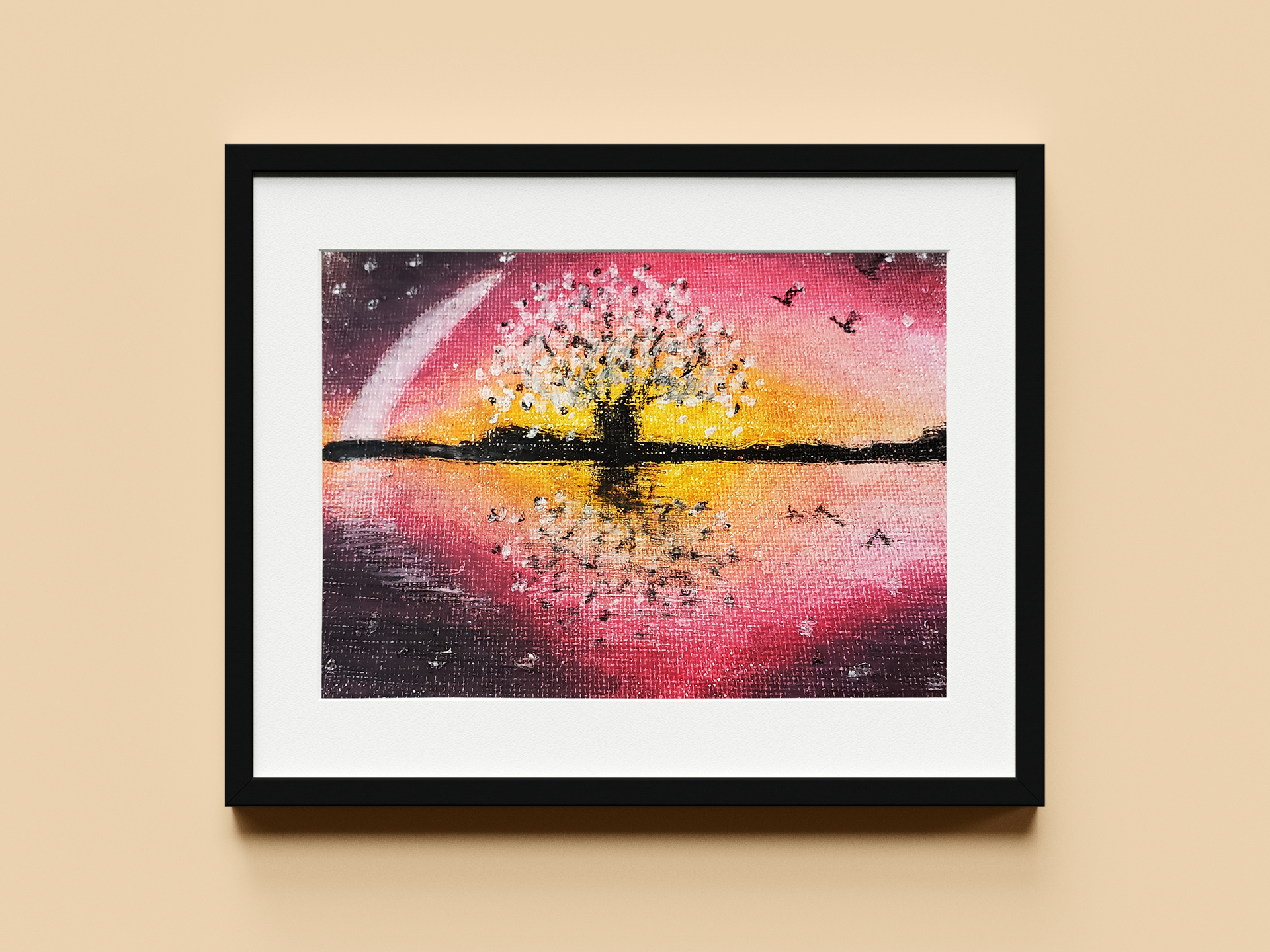 Oil on canvas • 5 × 7 in. • 2020. Landscape painting capturing the tranquility of an ocean sunset through rich color, atmospheric lighting, and layered natural forms.