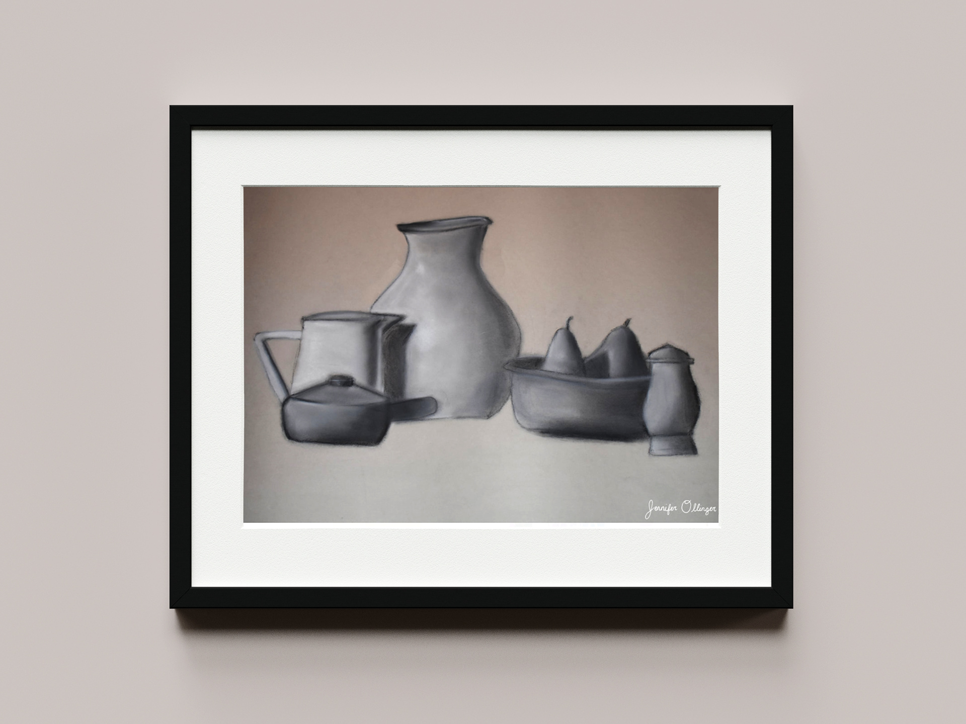 Charcoal and conté on paper • 26 × 34 in. • 2026. Observational still life emphasizing light, form, texture, and tonal depth.