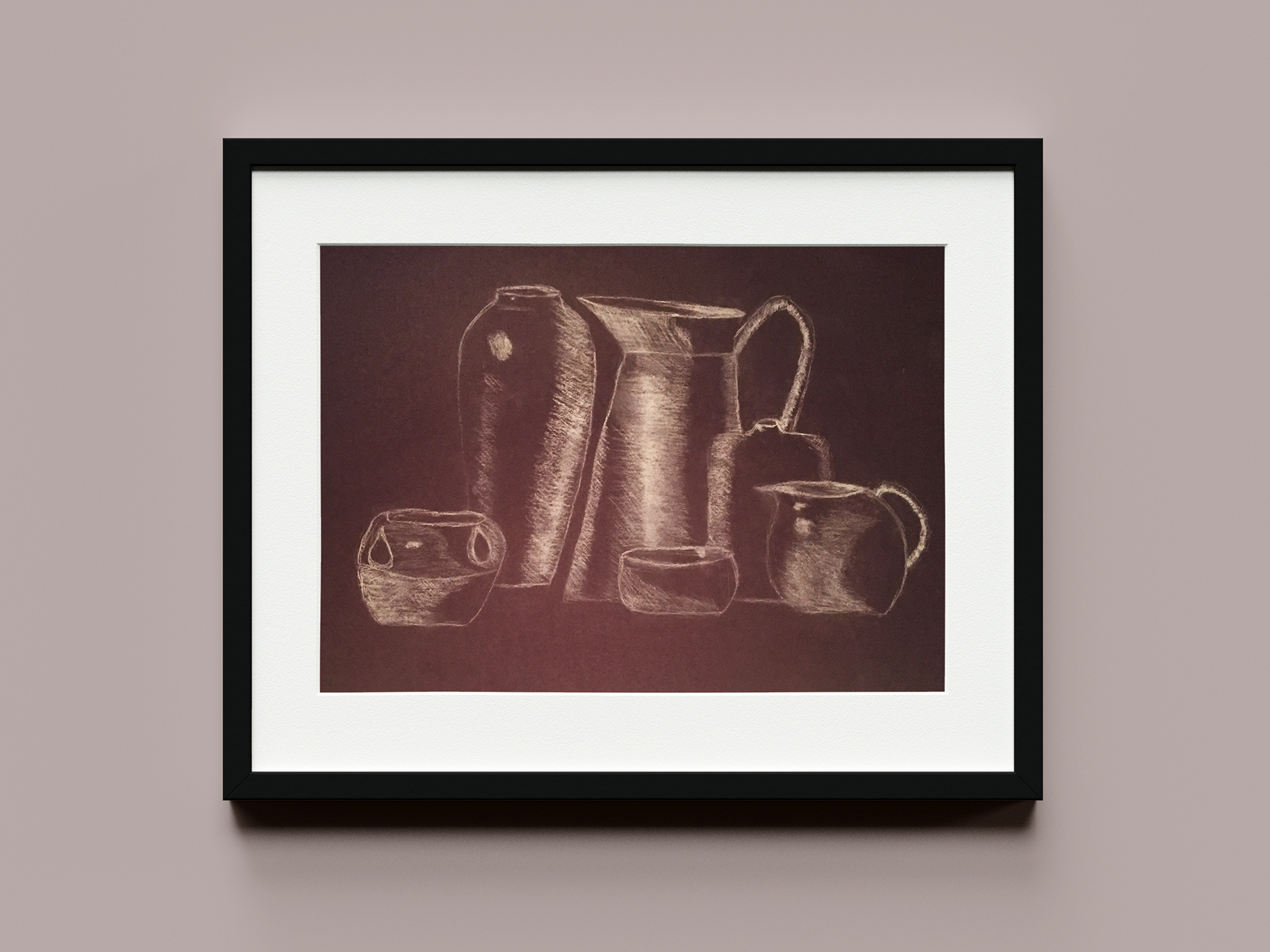 Conté on paper • 24 × 36 in. • 2016. Observational still life exploring proportion, value, and three-dimensional form through expressive rendering.