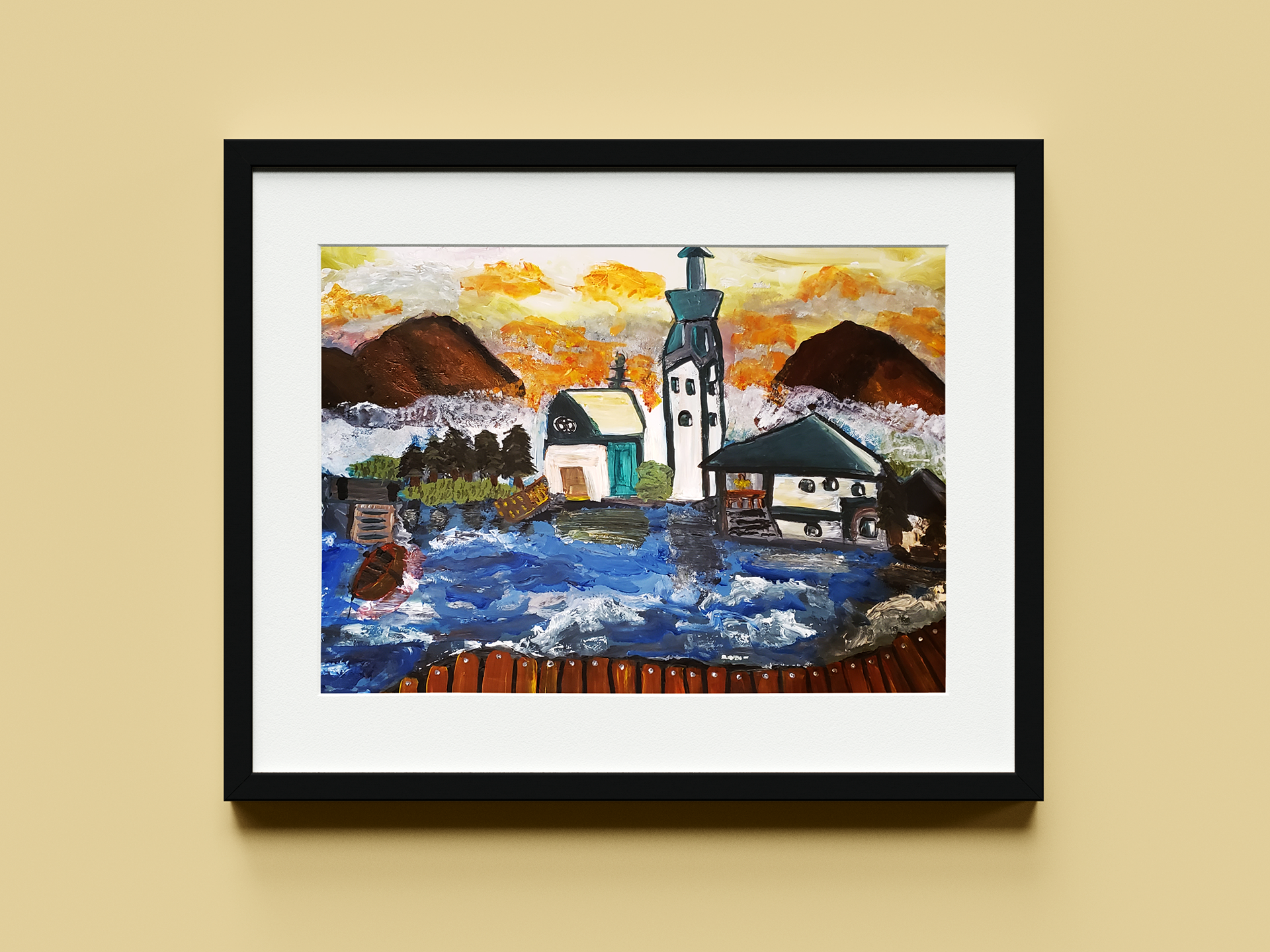 Watercolor and acrylic on poster board • 24 × 36 in. • 2020. Landscape painting capturing the atmosphere and reflections of a dock through layered watercolor and acrylic techniques.