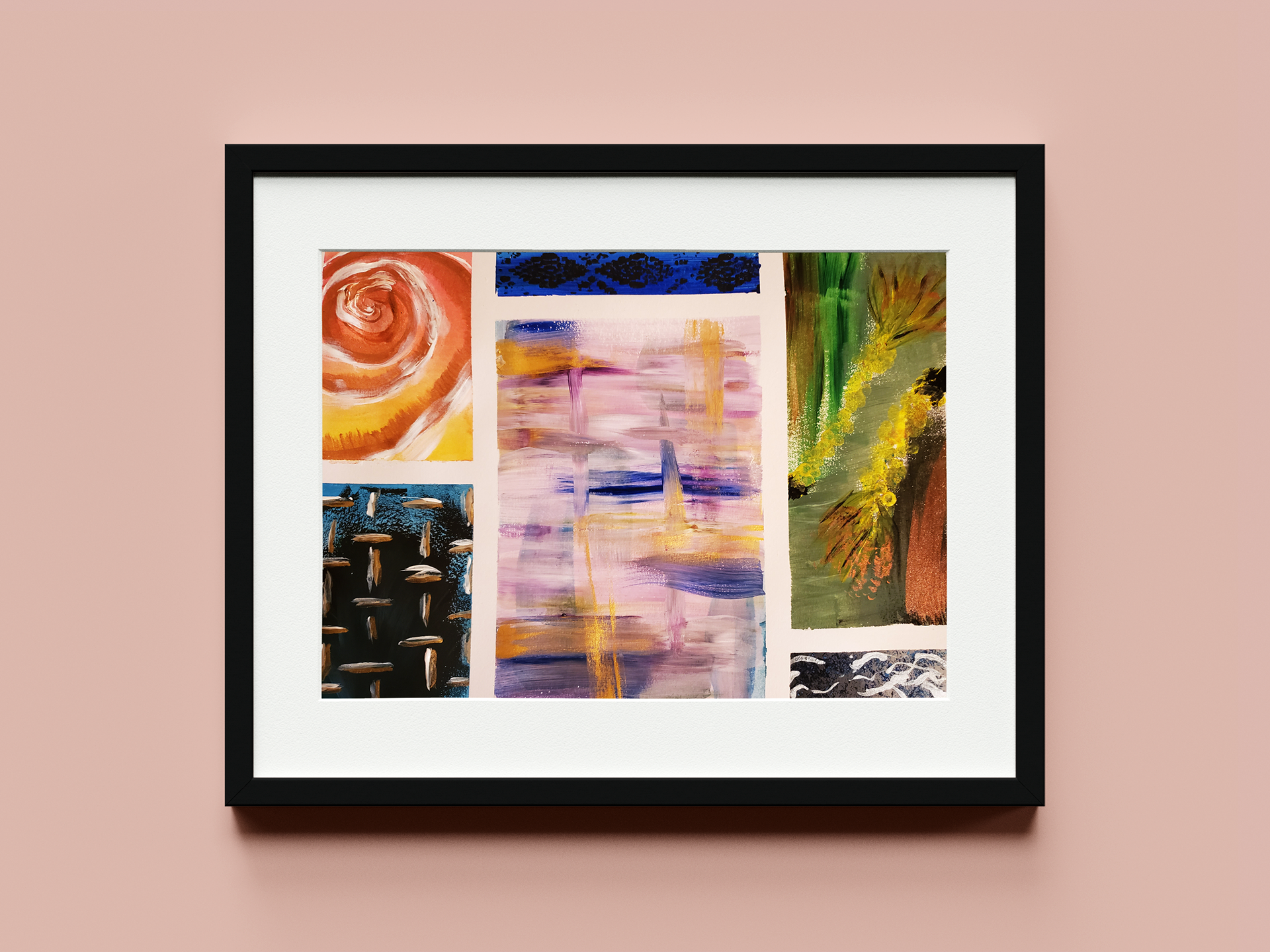 Acrylic on paper • 8 × 11 in. • 2021. Abstract painting exploring bold color, geometric forms, and repeating patterns to create visual rhythm and movement.