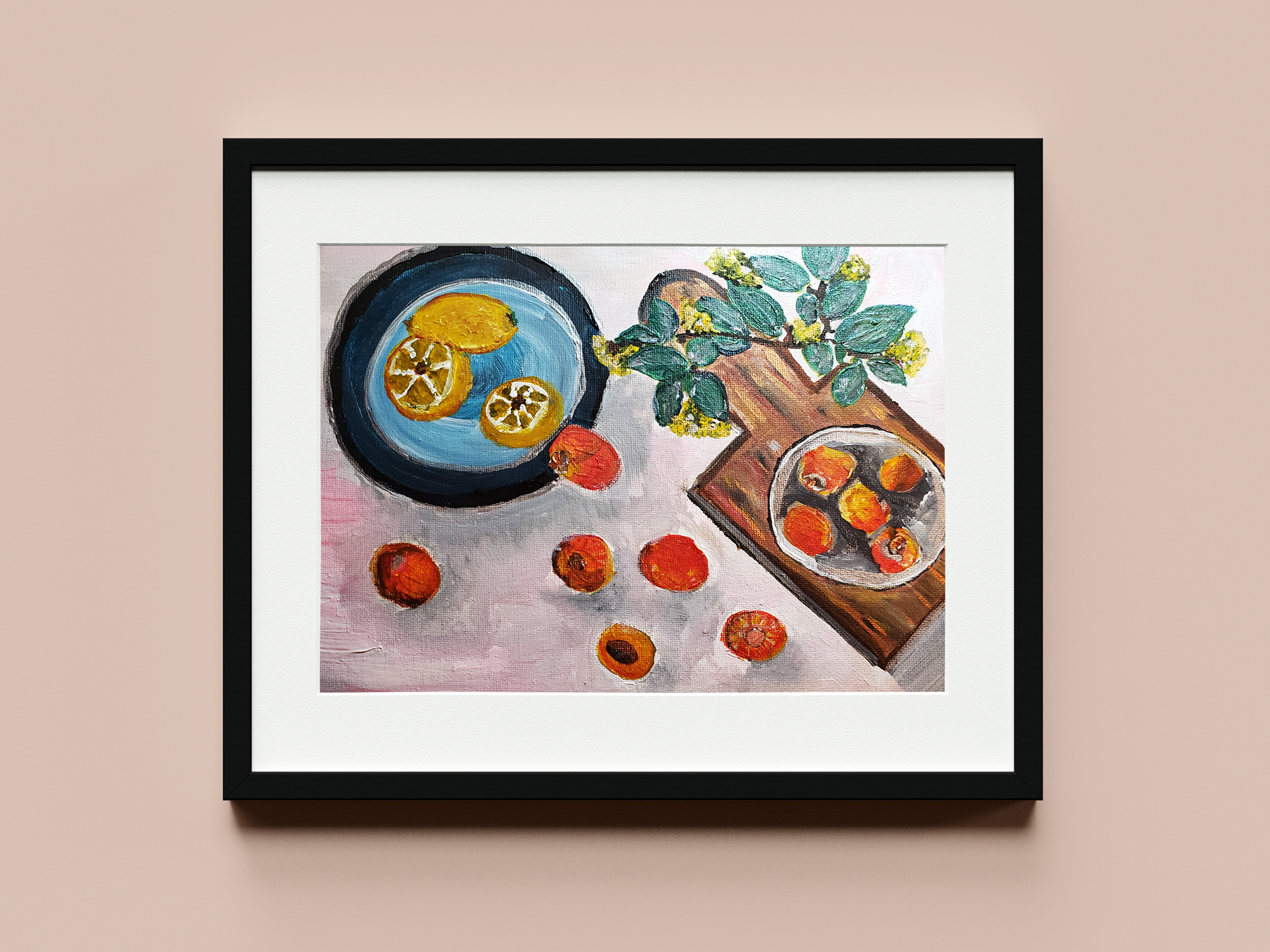 Acrylic on canvas • 2021. Stylized still life featuring muted tones with vibrant accents to emphasize color, composition, and visual contrast.