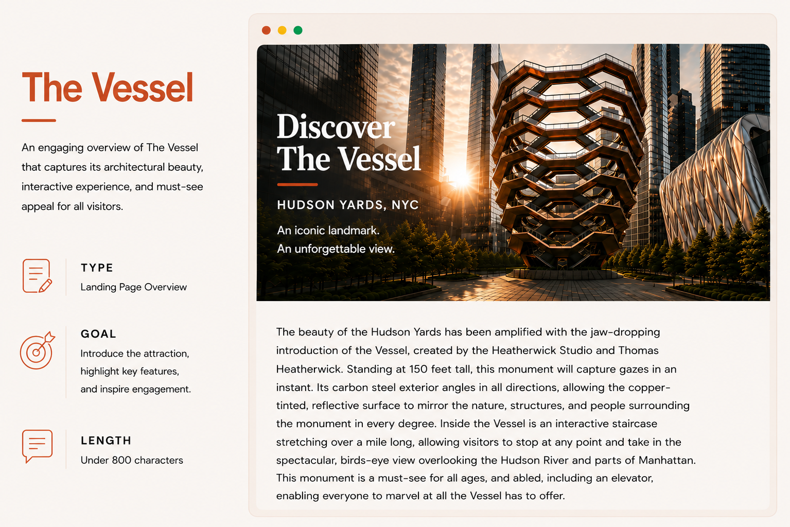 Developed SEO-conscious landing page copy for The Vessel, highlighting its architectural significance and visitor experience through clear, engaging, and discoverable content.