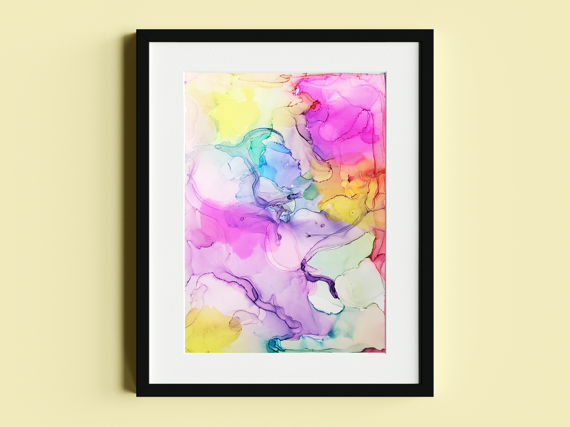 Alcohol ink on Yupo paper • 8 × 10 in. • 2021. Abstract composition exploring fluid movement and vibrant color through layered applications of primary hues.