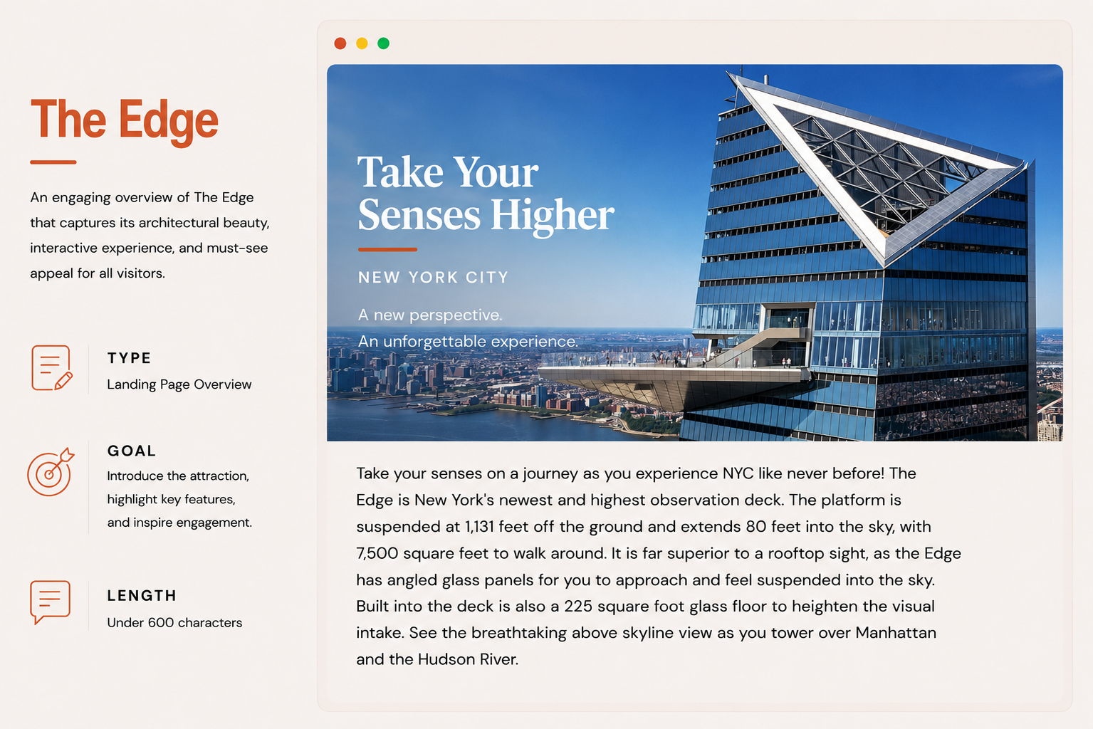 Wrote optimized landing page copy showcasing The Edge observation deck, combining compelling destination highlights with search-friendly content designed to attract and inform prospective visitors.