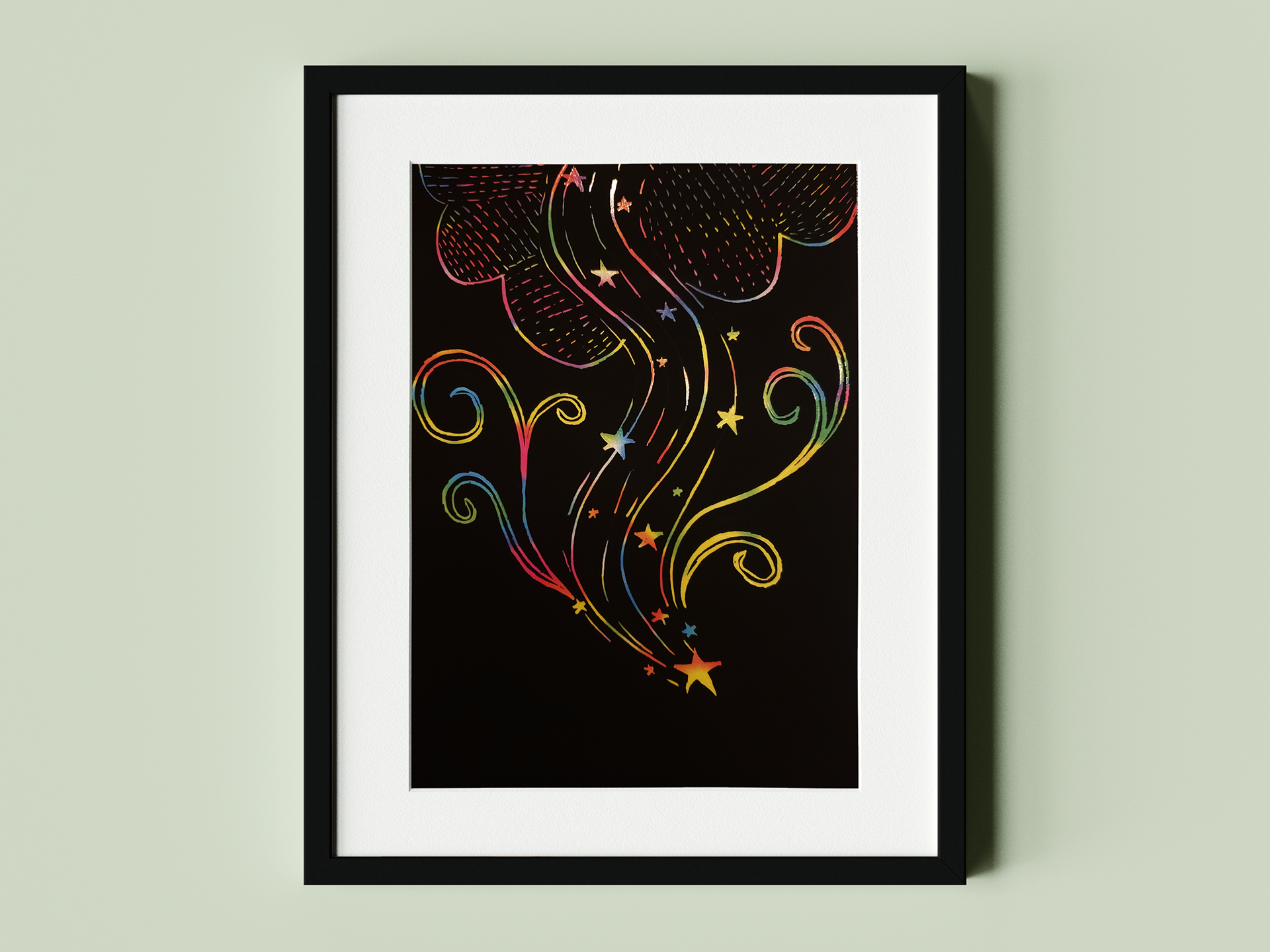 Scratchboard on rainbow scratch paper • 2020. Illustrative composition revealing vibrant color through intricate linework and engraved textures.