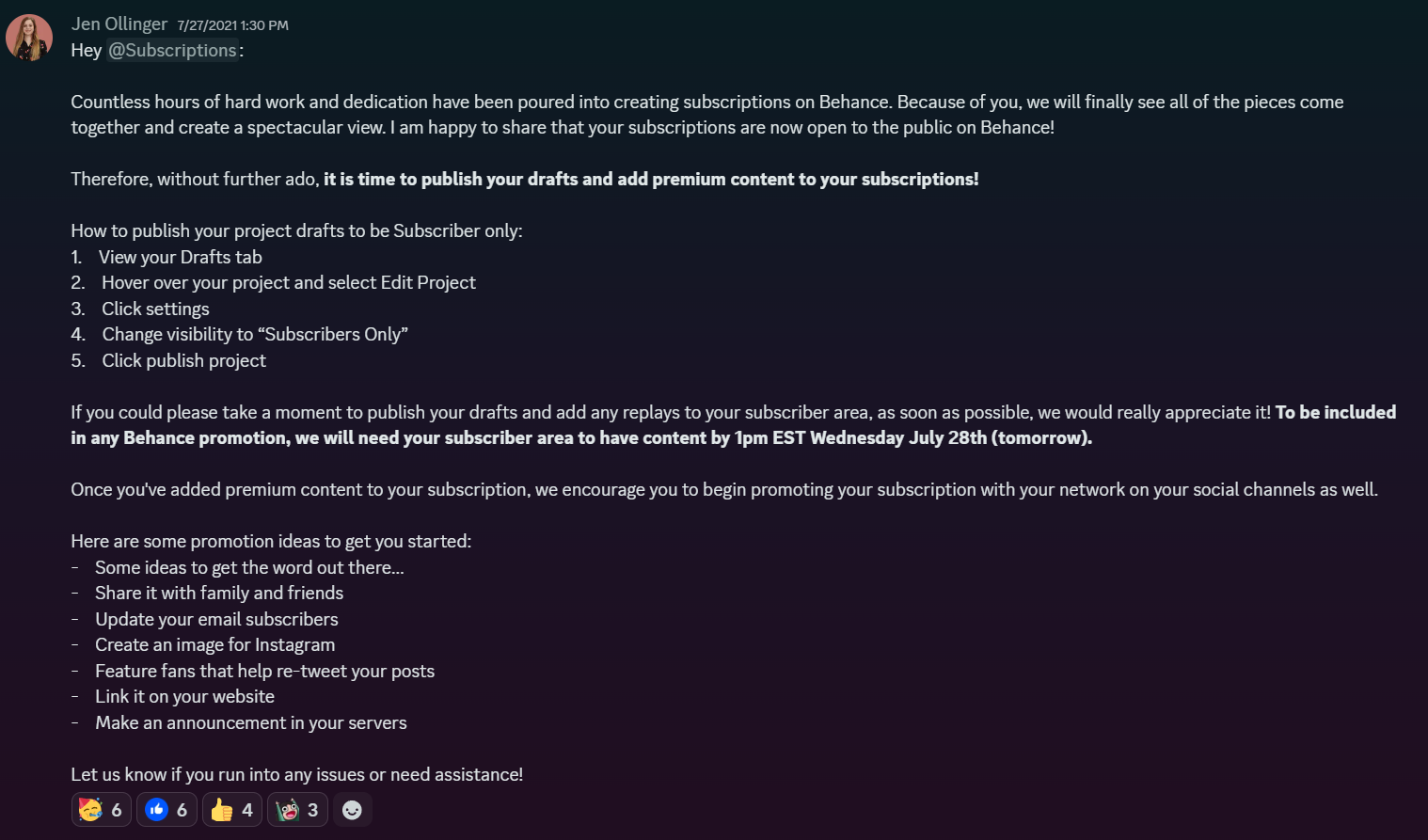 Private Discord announcement supporting the launch of Adobe Behance's subscriptions feature, keeping an exclusive cohort of creators informed, engaged, and prepared throughout the program.