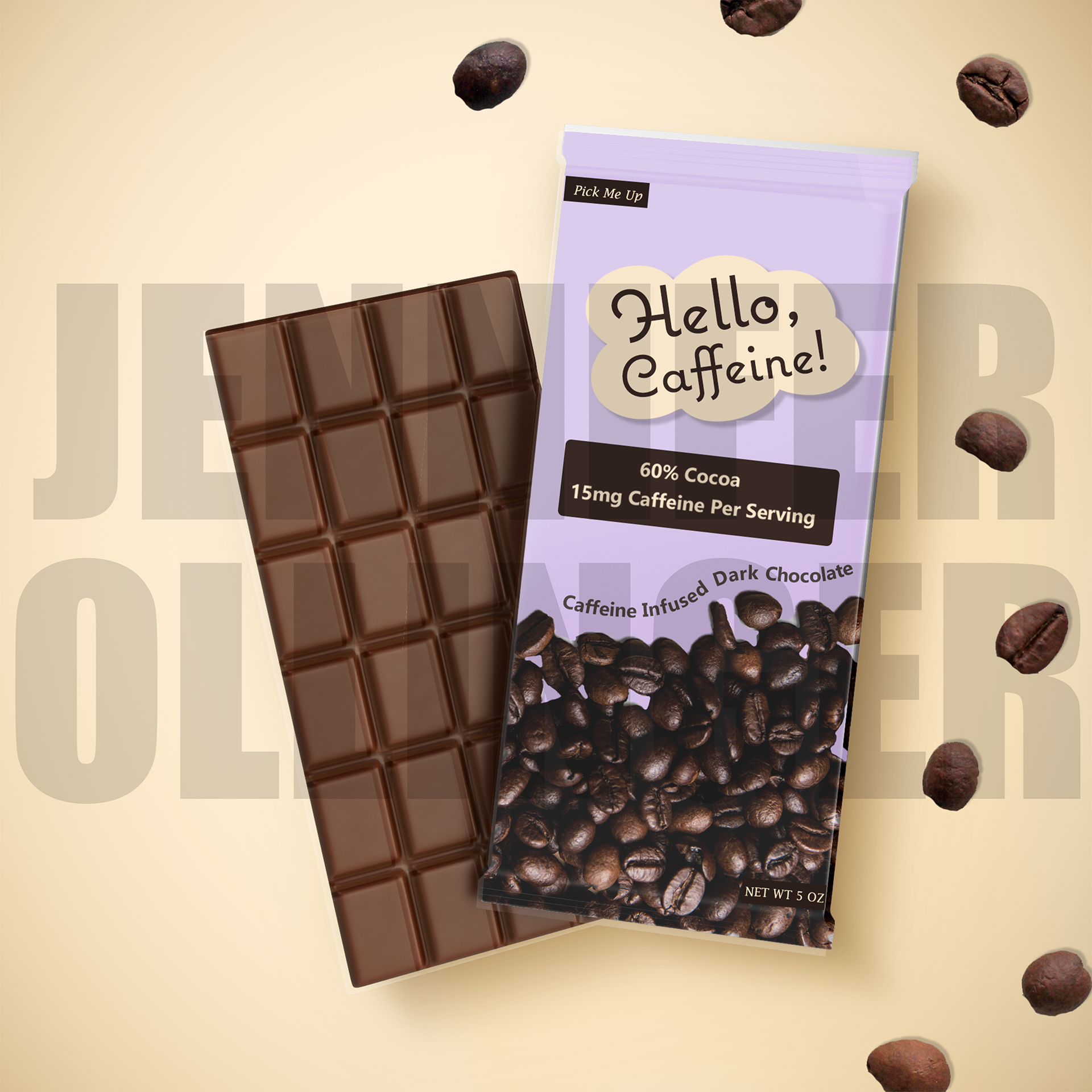 Concept packaging design for a coffee-infused chocolate bar, including branding, packaging layout, and mockup creation using Adobe Photoshop and InDesign.