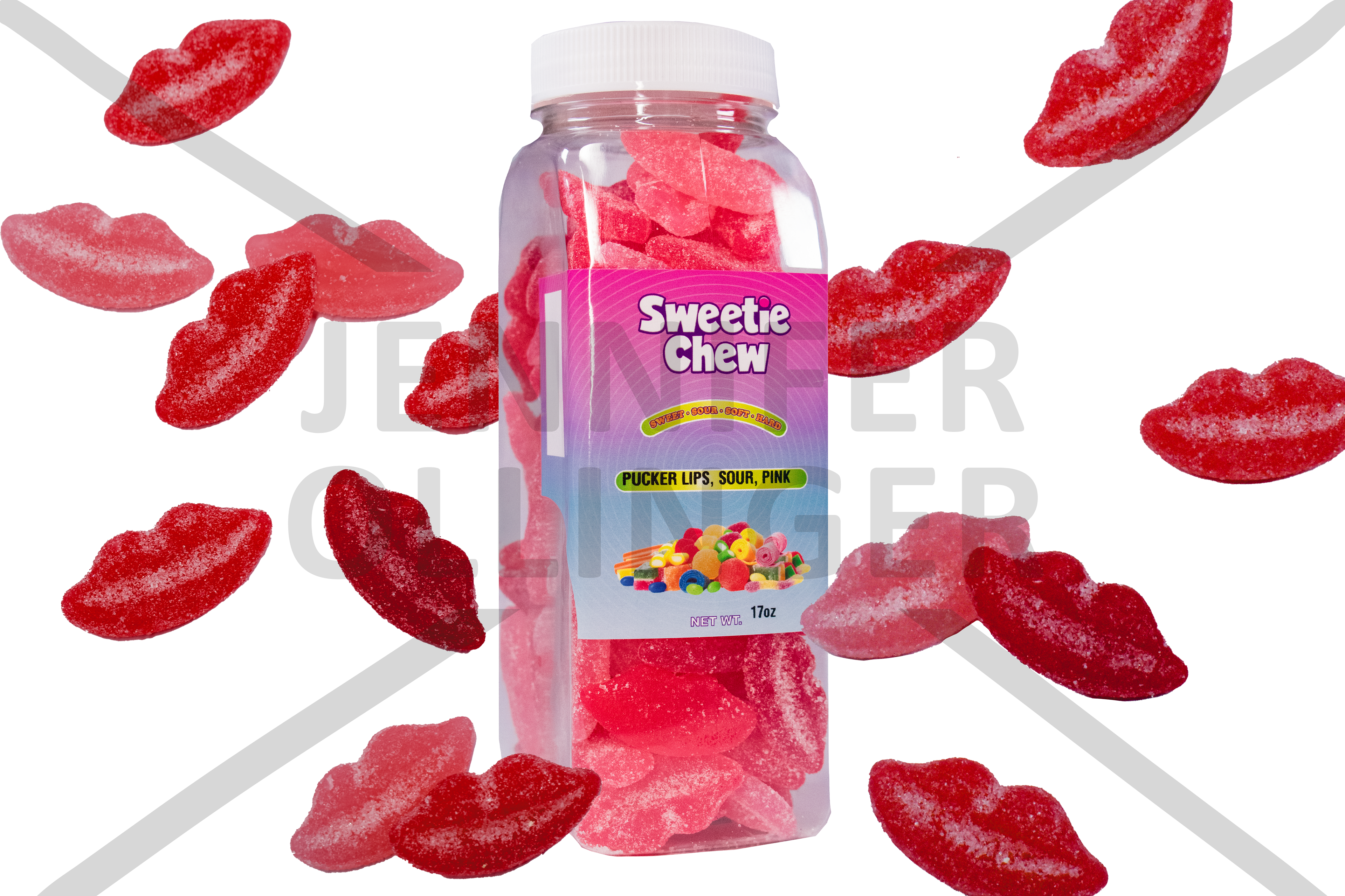 Product photography showcasing Sour Lip Gummies, styled and produced for Amazon product listings with a focus on color, texture, and commercial appeal.