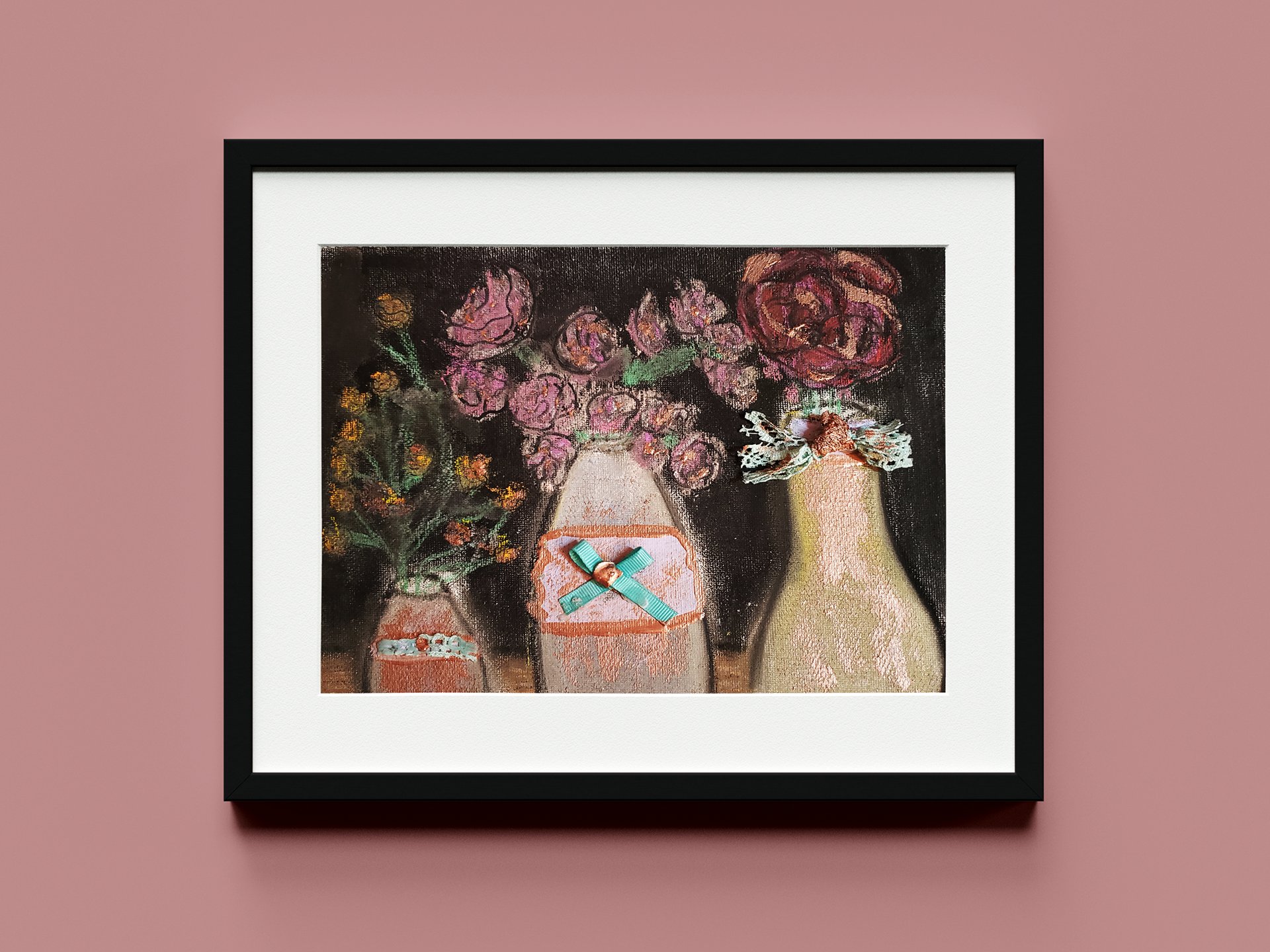 Oil pastel, beads, and ribbon on canvas • 8 × 11 in. • 2021. Mixed-media floral composition combining expressive oil pastel with dimensional embellishments to create texture and depth.