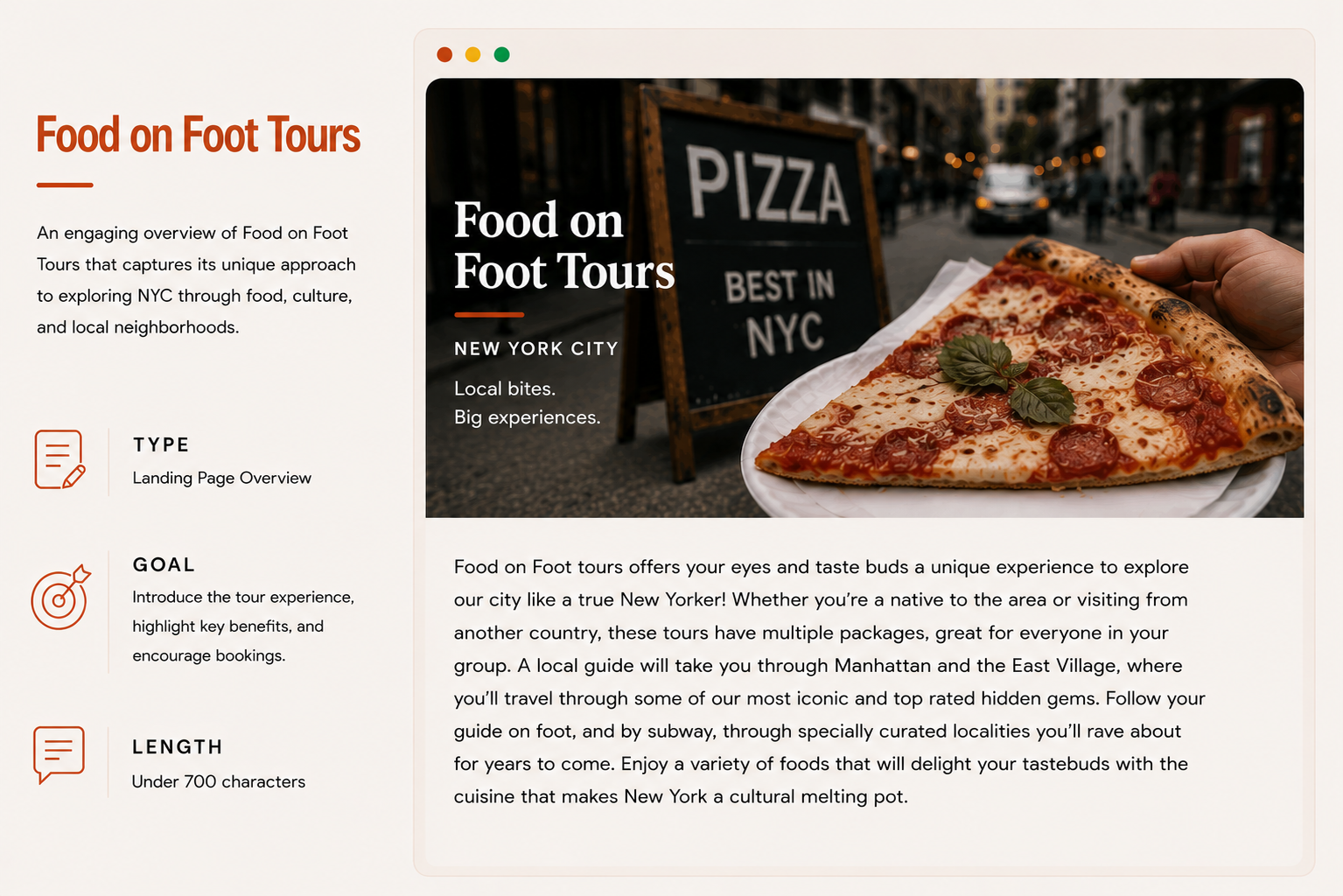 Crafted engaging landing page copy introducing New York City's Food on Foot Tours, blending destination storytelling with SEO-focused messaging to inspire visitors to explore the city through its diverse food culture.