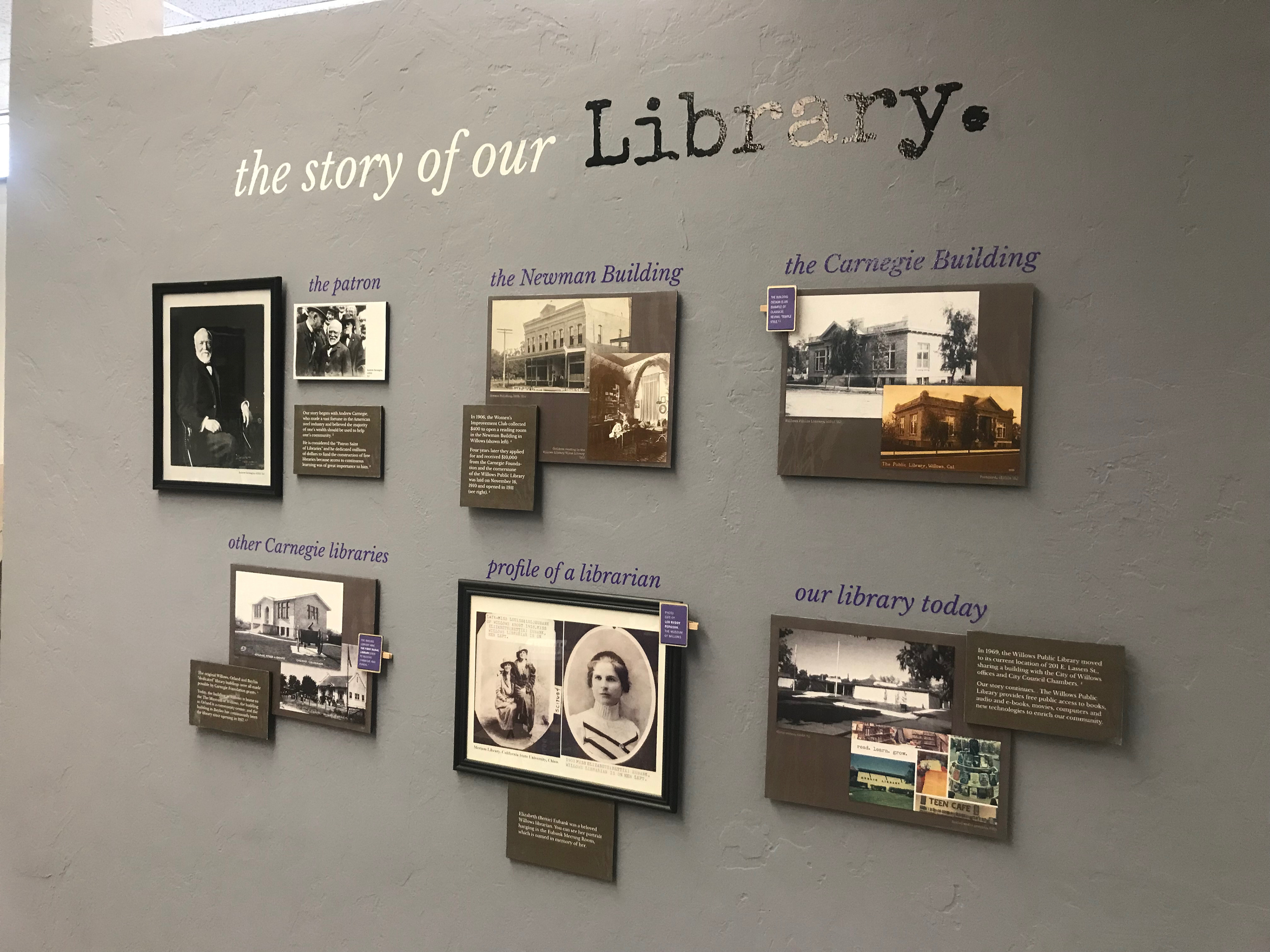 Wall display of history of Willows Public Library and surrounding Carnegie Libraries