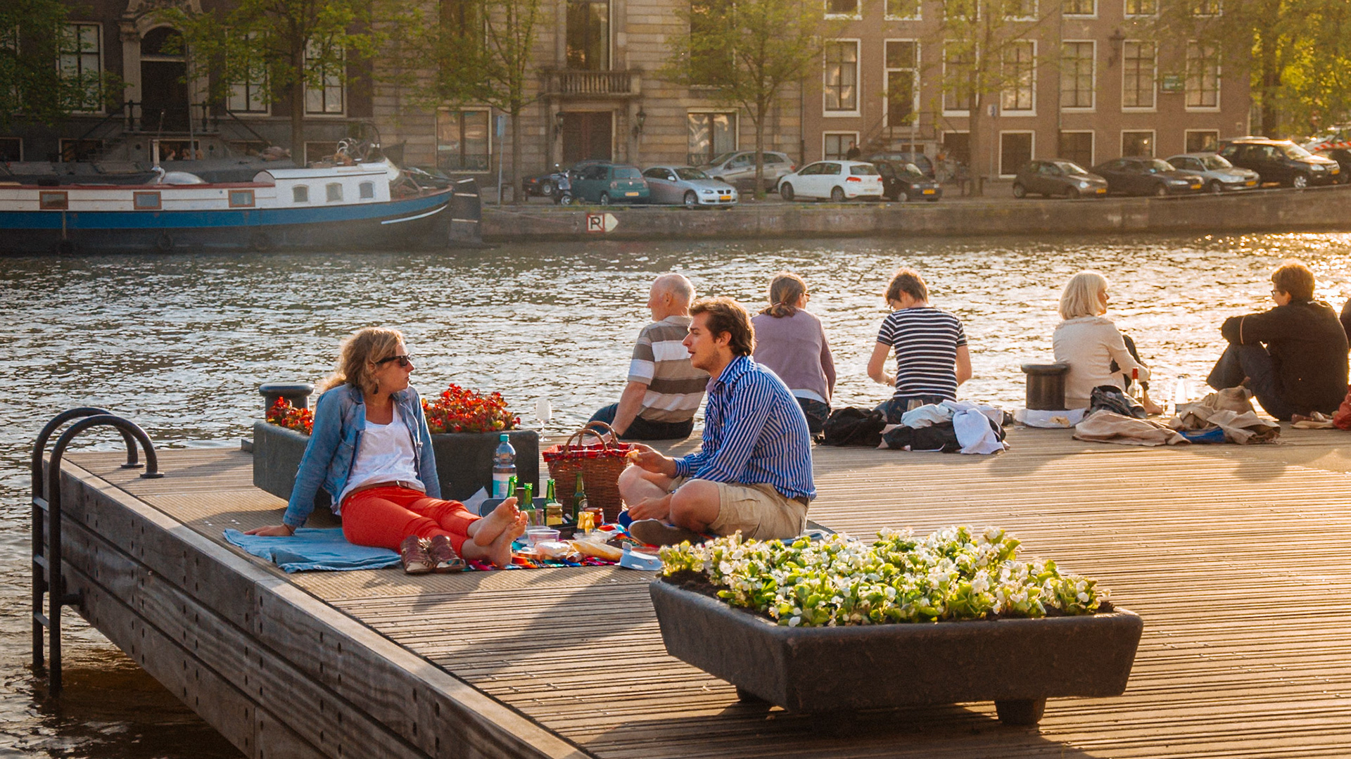 Sunny afternoon over the Amstel River. Amterdam, Netherlands
