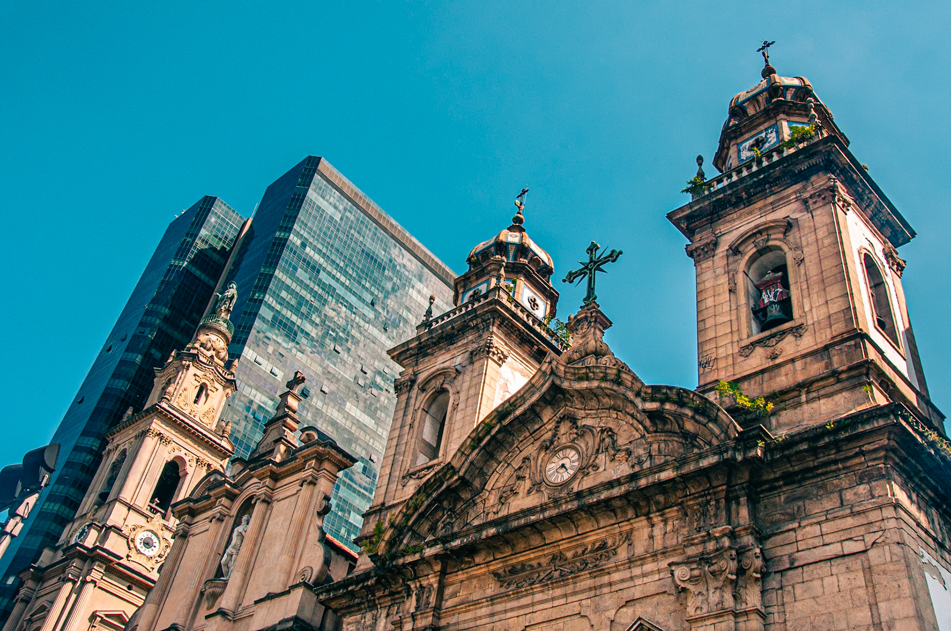 Old church in contast with a modern University building at Lapa neighbourhood, Rio de Janeiro, Brazil