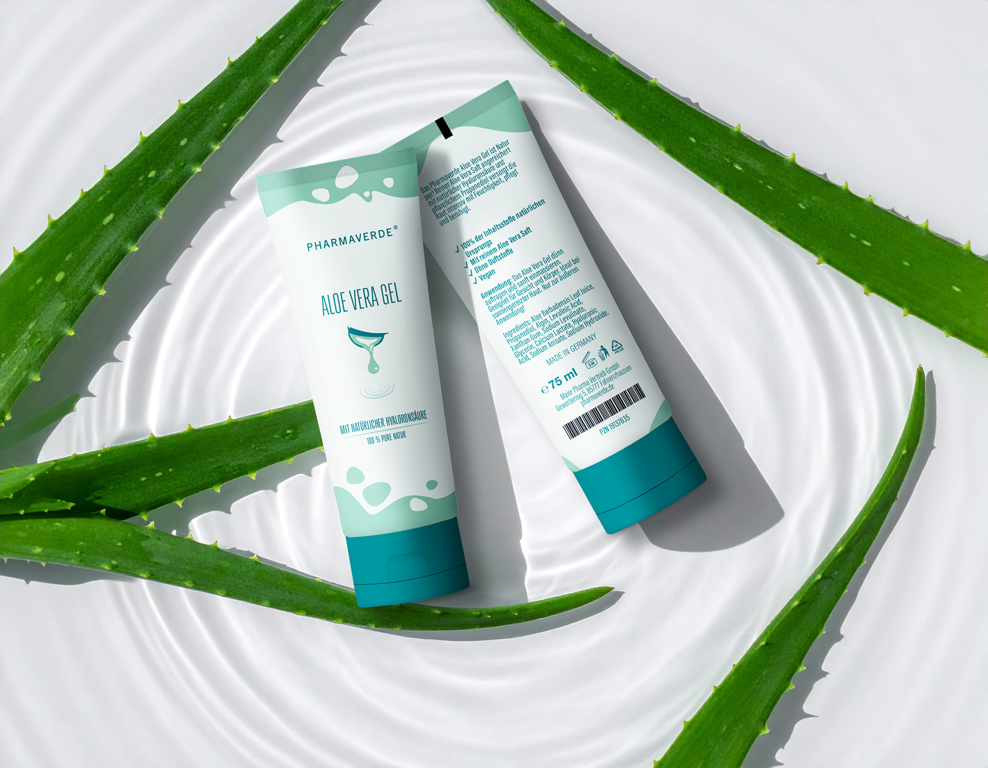 Relaunch Packaging Design, Aloe vera Gel für Maier Pharma, Brand Pharmaverde, Abbildung des Konzeptdesigns MODERN HYDRATION für eine Standtube, alle Rechte bei Stefanie Twellmann, illustratives Packaging Design