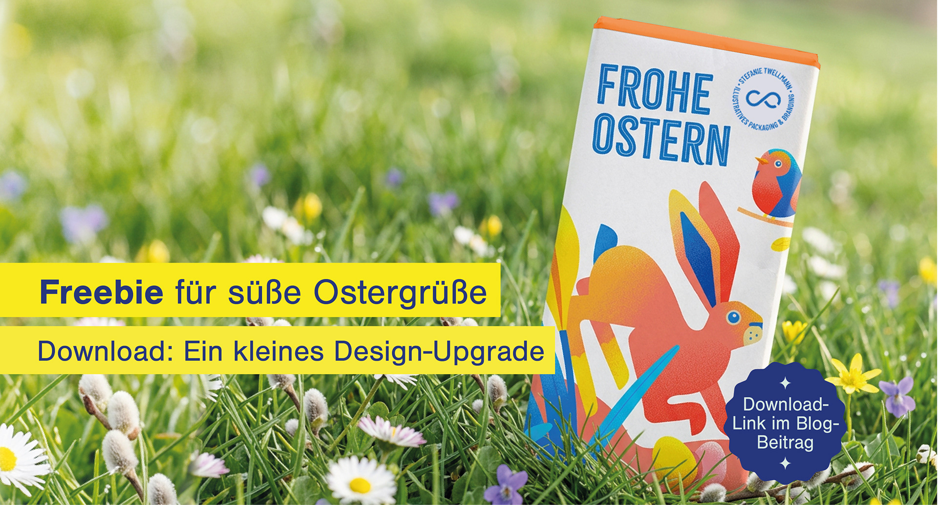 Freebie für süße Ostergrüße. Download: Ein kleines Design-Upgrade. Illustratives Design einer Schokoladentafel-Banderole