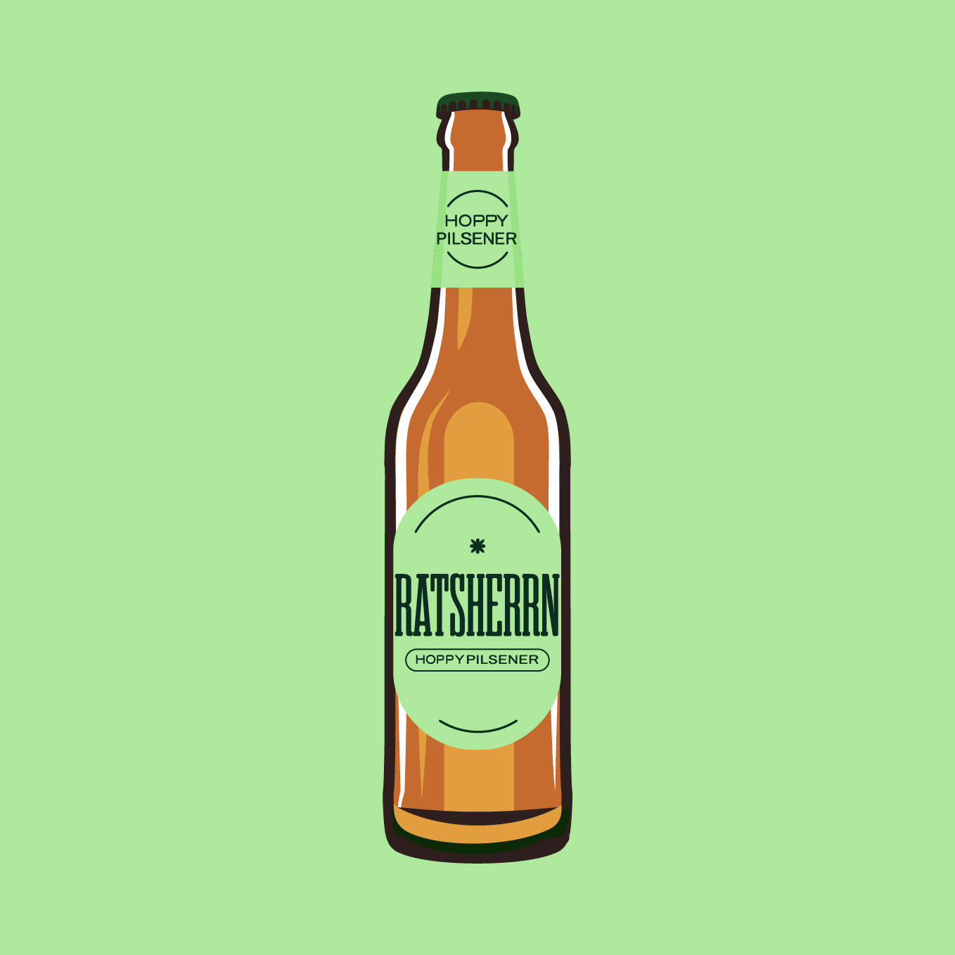 Illustration der Ratsherrn HOPPY PILSENER Flasche im neuen Design, Stefanie Twellmann, Grafik und Illustration