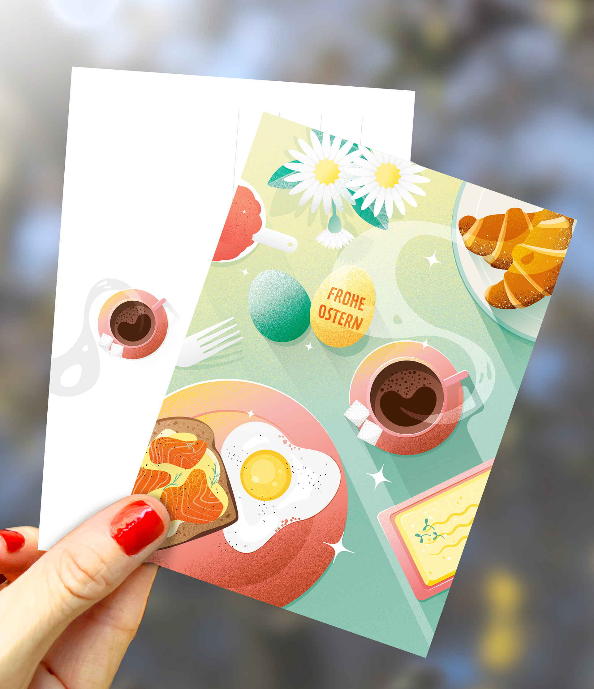 Foto der produzierten Ostergruß-Postkarte, Vorder- und Rückseitenmotiv von Stefanie Twellmann, // illustrative Branddesignerin, Hamburg