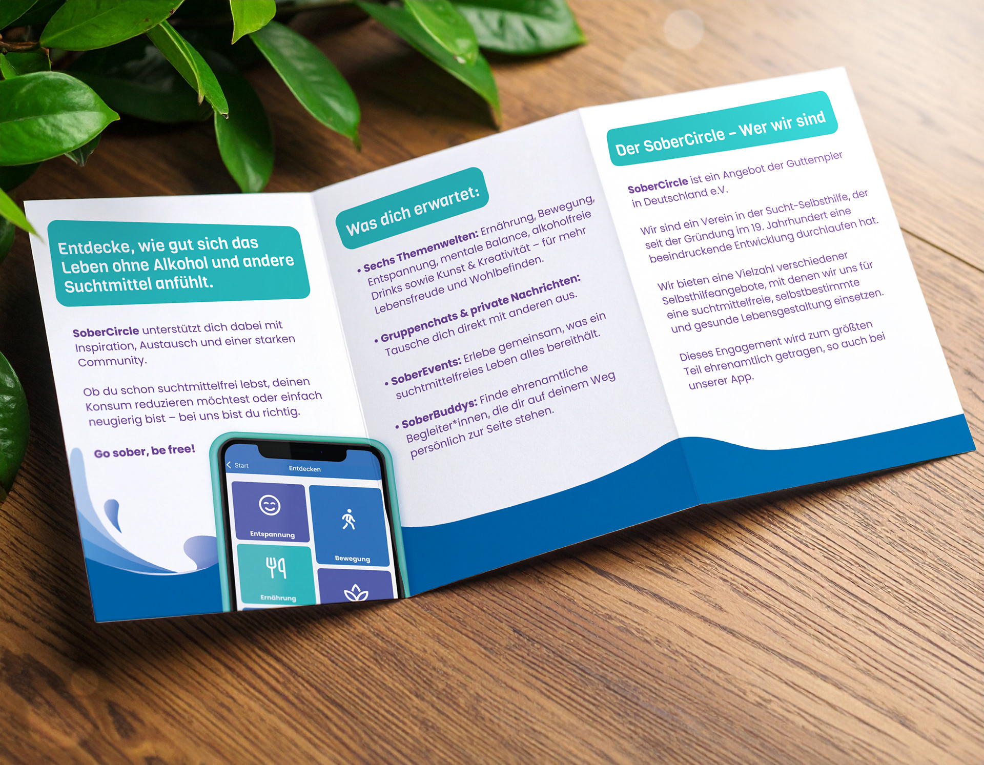 Innenseite des Zick-Zack Flyers für SoberCircle, gestaltet von Stefanie Twellmann, Grafik und Illustration, Hamburg