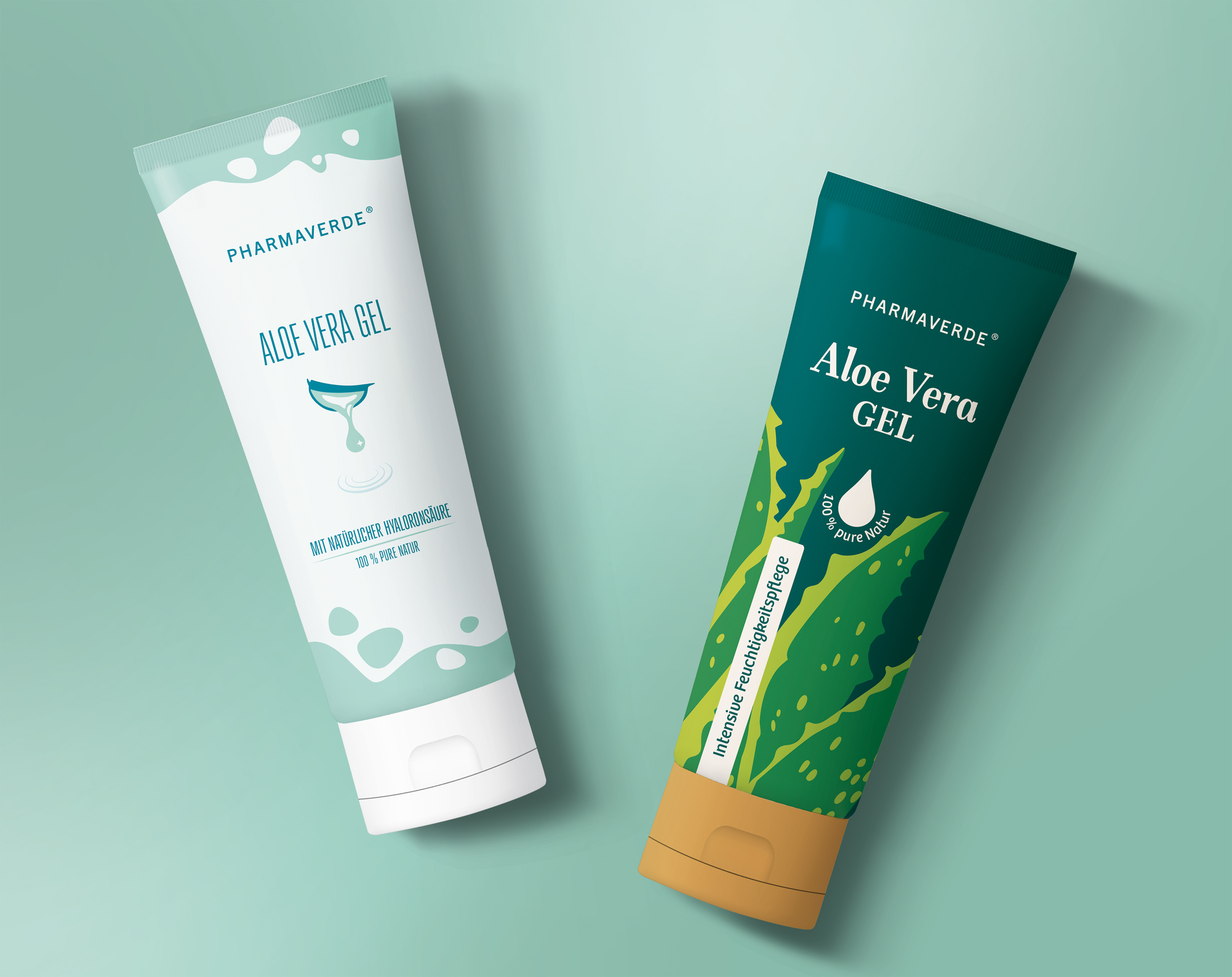Relaunch Packaging Design, Aloe vera Gel für Maier Pharma, Pharmaverde, Abbildung der zwei Konzeptdesigns für eine Standtube, alle Rechte bei Stefanie Twellmann, illustratives Packaging Design