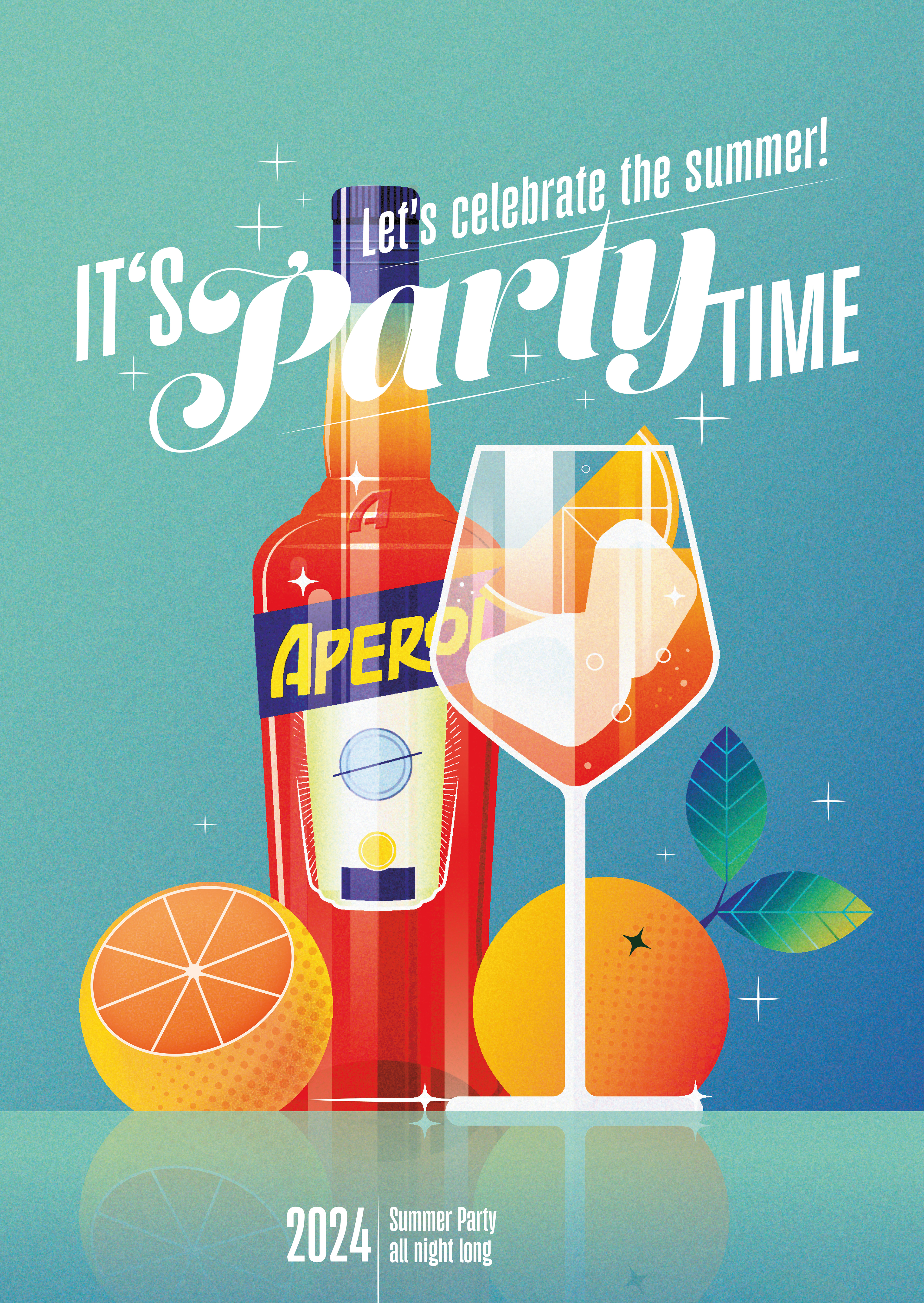 Plakatdesign von Stefanie Twellmann, Gewinner Motiv bei onlineprinters, Aperol Spritz, Cocktail Illustration, Sommerparty-Plakat