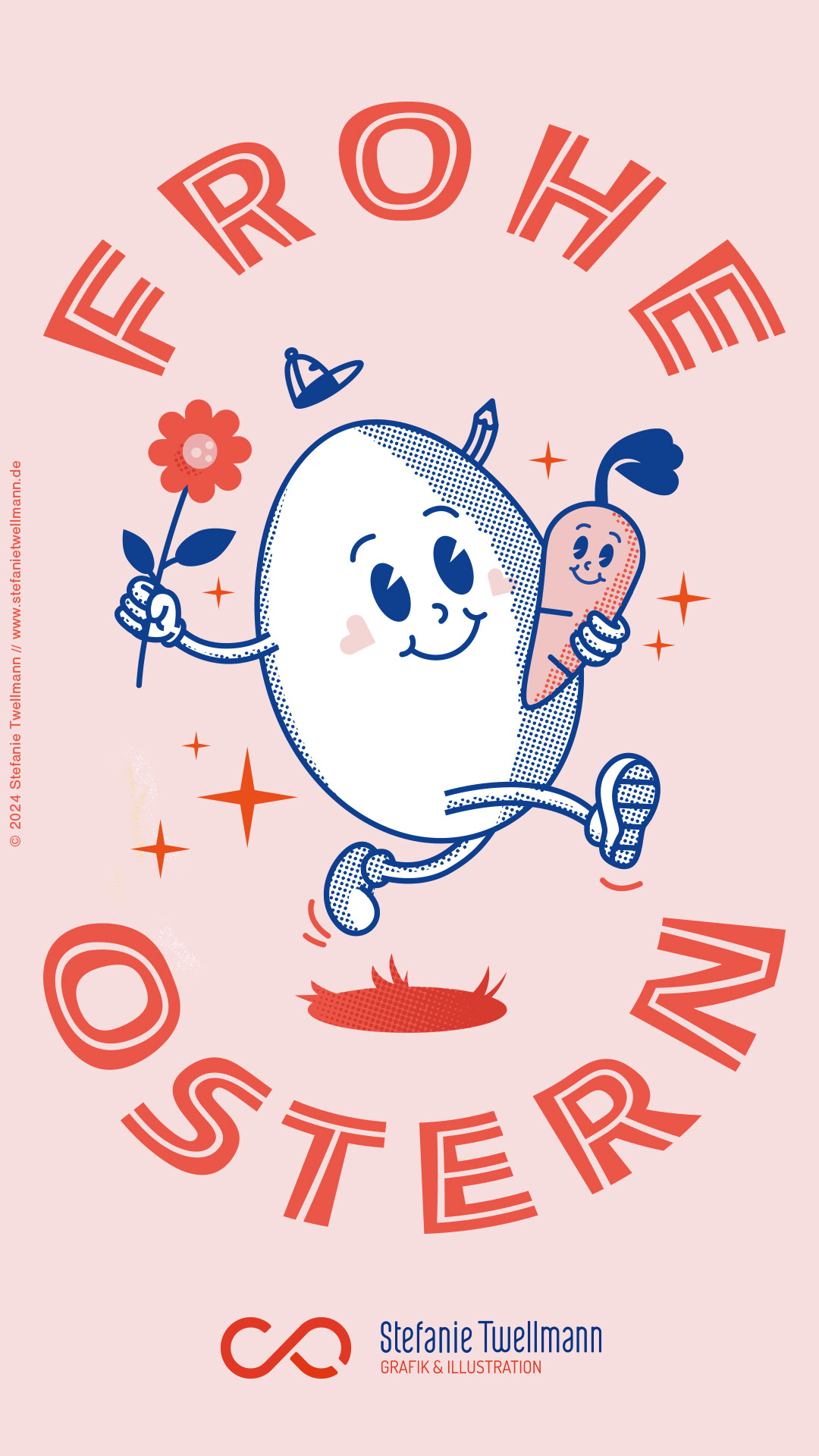 Ein gut gelauntes Ei trägt eine Blume und eine kleine Möhre und springt glücklich Richtung Ostern, Ostermotiv, Illustration und grafische Umsetzung von Stefanie Twellmann, Grafik und Illustration, Hamburg