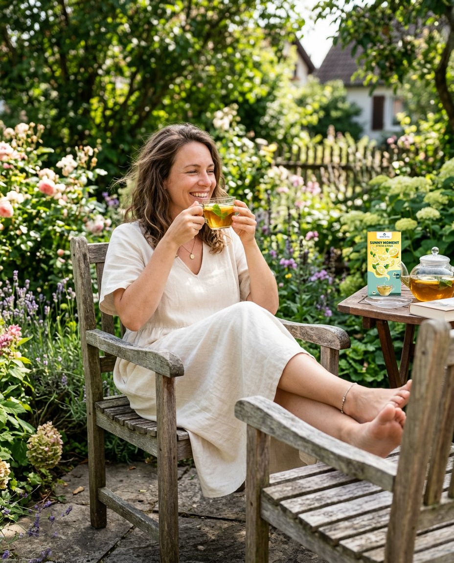Mood-Motiv, entspannte und naturverbundene Frau sitzt im Garten und genießt den Tee