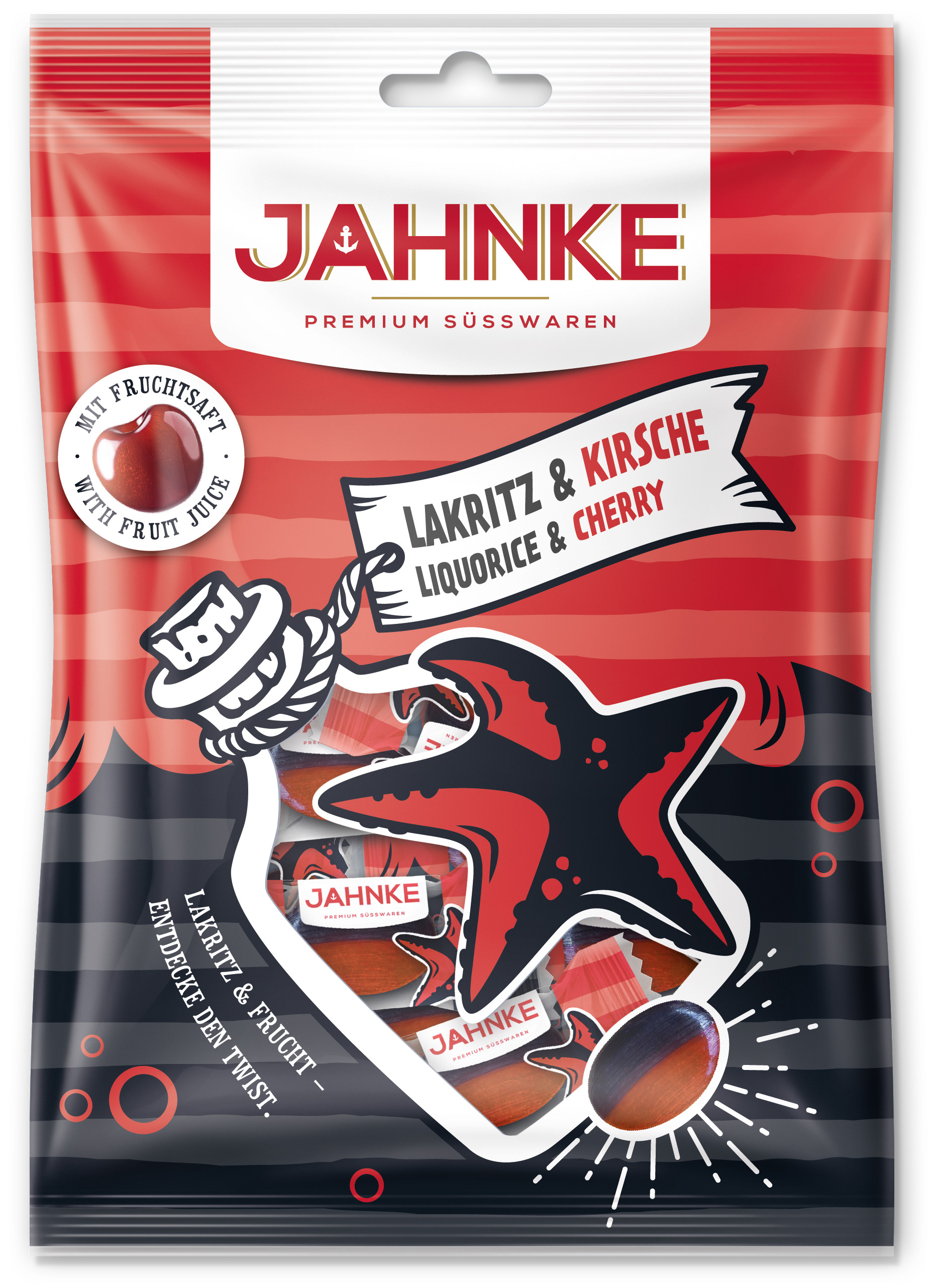 Jahnke Süßwaren Verpackungsgestaltung für die Sorte Lakritz & Kirsche, Beutel Vorderseite, illustratives Packaging Design von Stefanie Twellmann, Hamburg