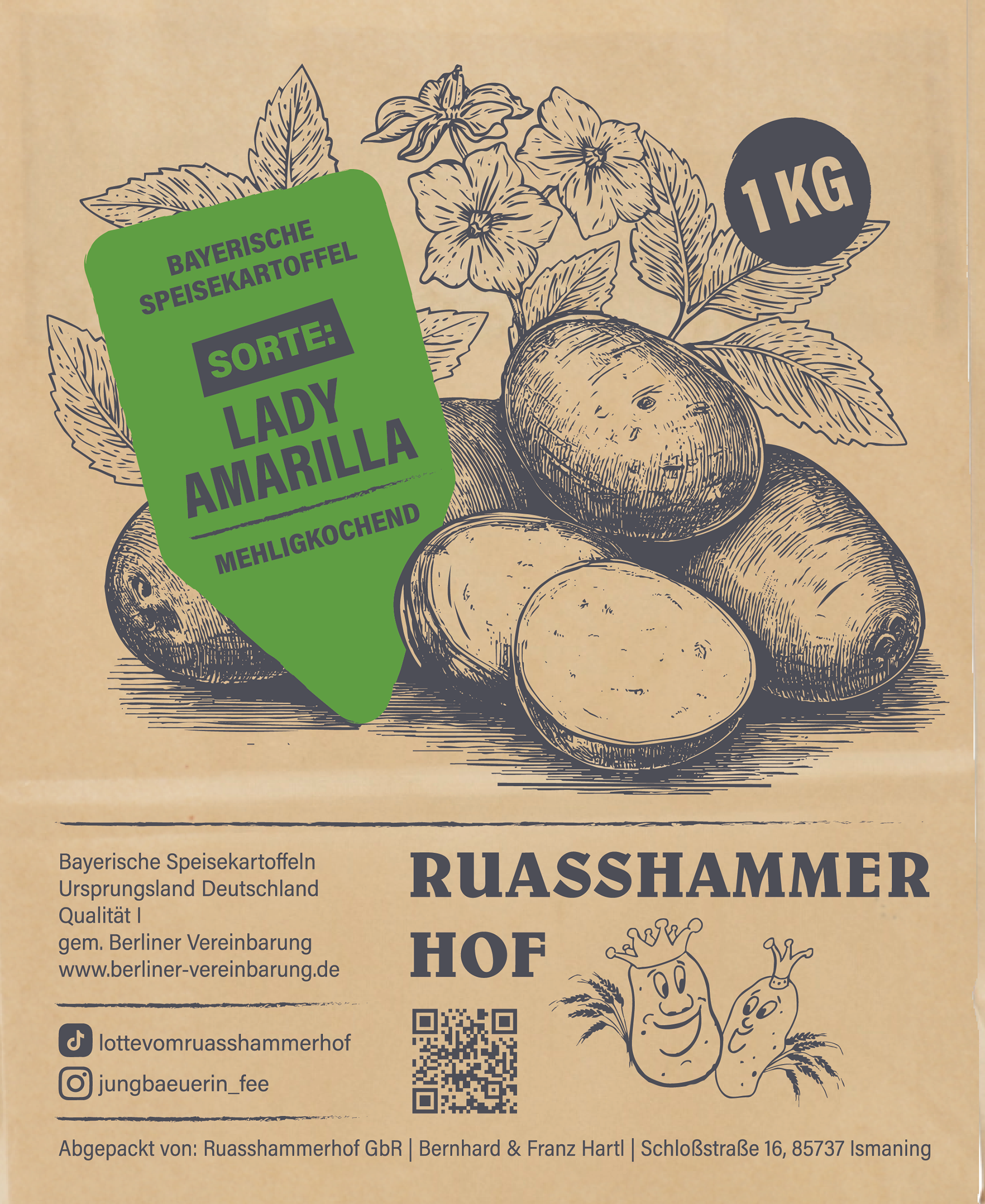 Sorte Lady Amarilla: plano Layout mit Sortendifferenzierung über Farbe und individueller Kartoffelpflanzen Illustration, Stefanie Twellmann, Hamburg