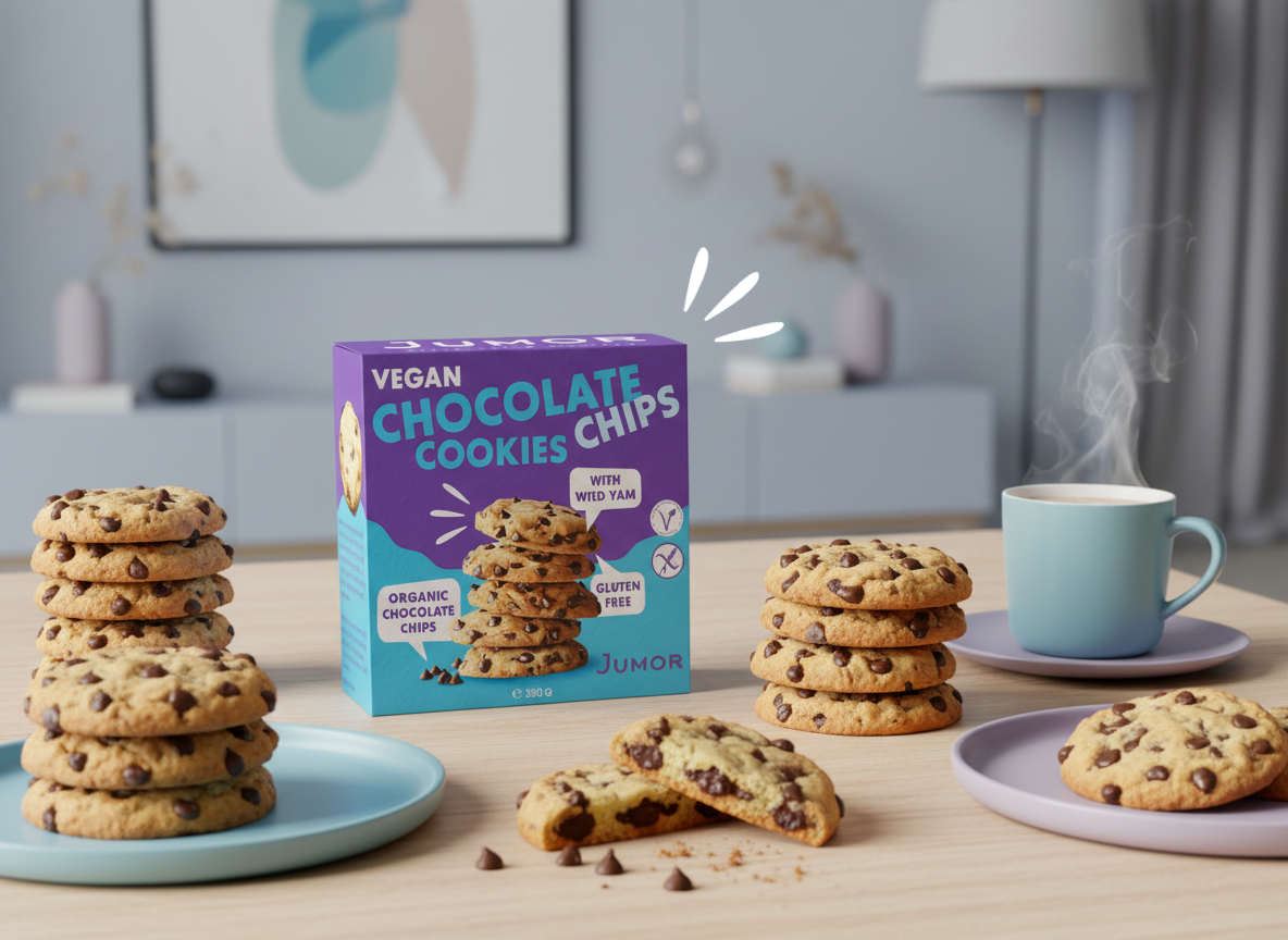 Anbiet-Szene für die Schokoladenkeks-Verpackung, illustrative Verpackungsgestaltung von gesunden Schoko-Keksen