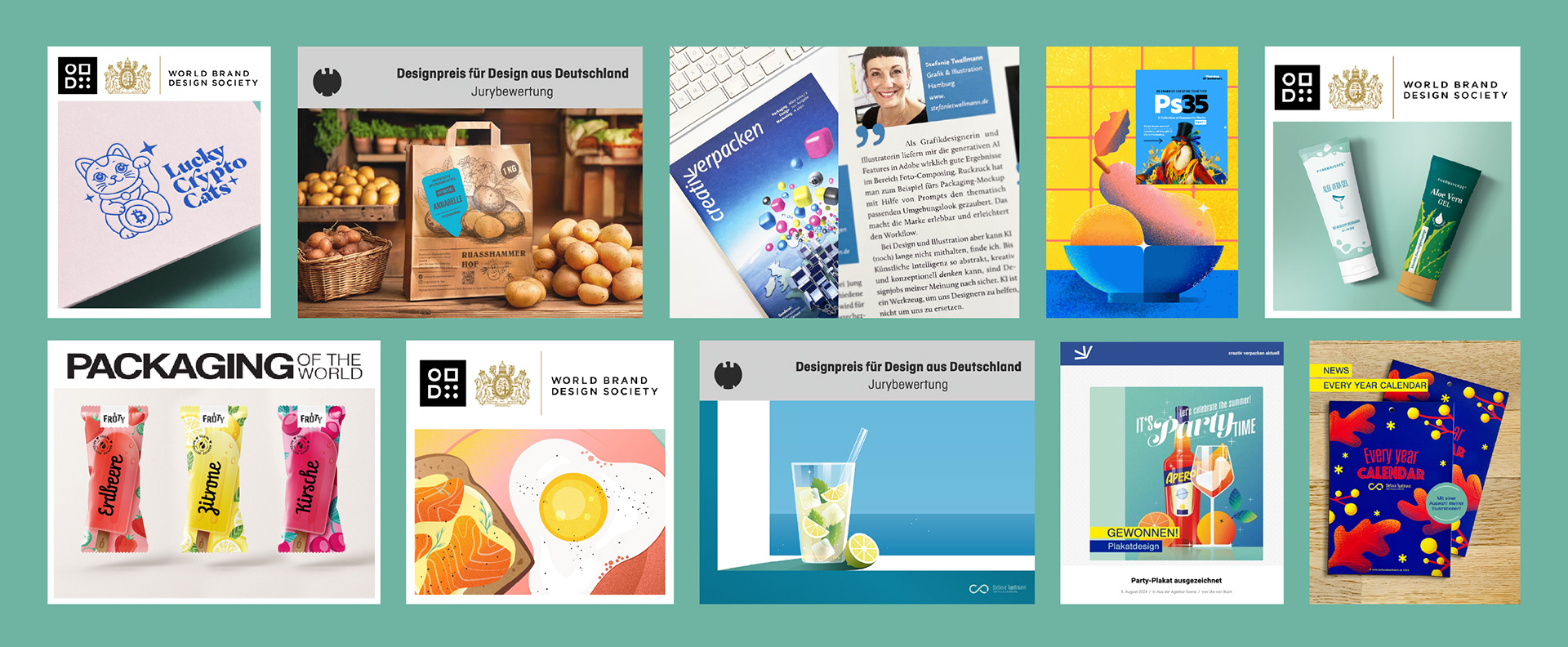 Eine Auswahl von Designpreisen und Veröffentlichungen verschiedener nationaler und internationaler Designplattformen für meine Arbeiten aus den Bereichen Branding, Packaging und Illustration