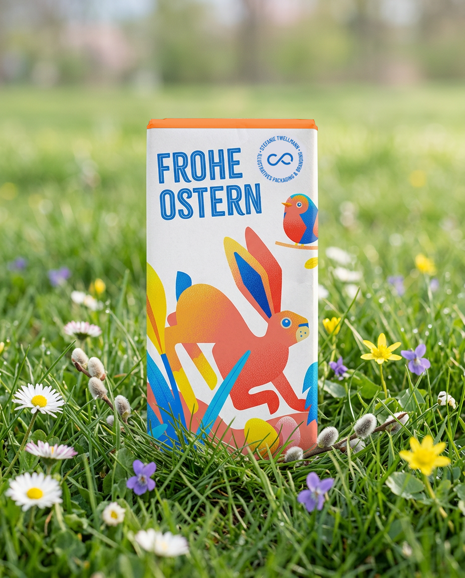 Schokoladentafel-Banderolen Design mit plakativer Oster-Illustration