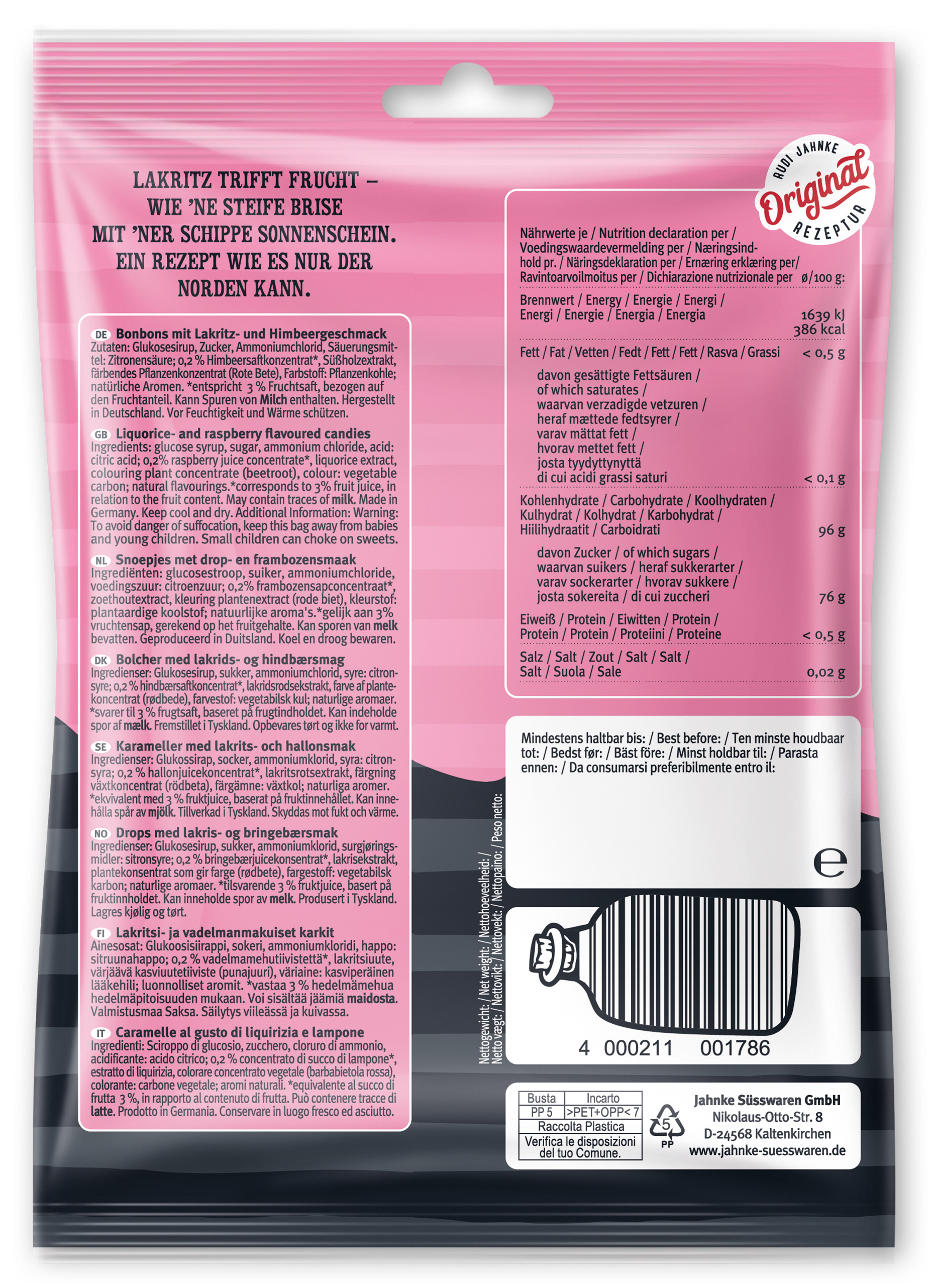 Jahnke Süßwaren Verpackungsgestaltung für die Sorte Lakritz & Himbeere, Beutel Rückseite, illustratives Packaging Design von Stefanie Twellmann, Hamburg