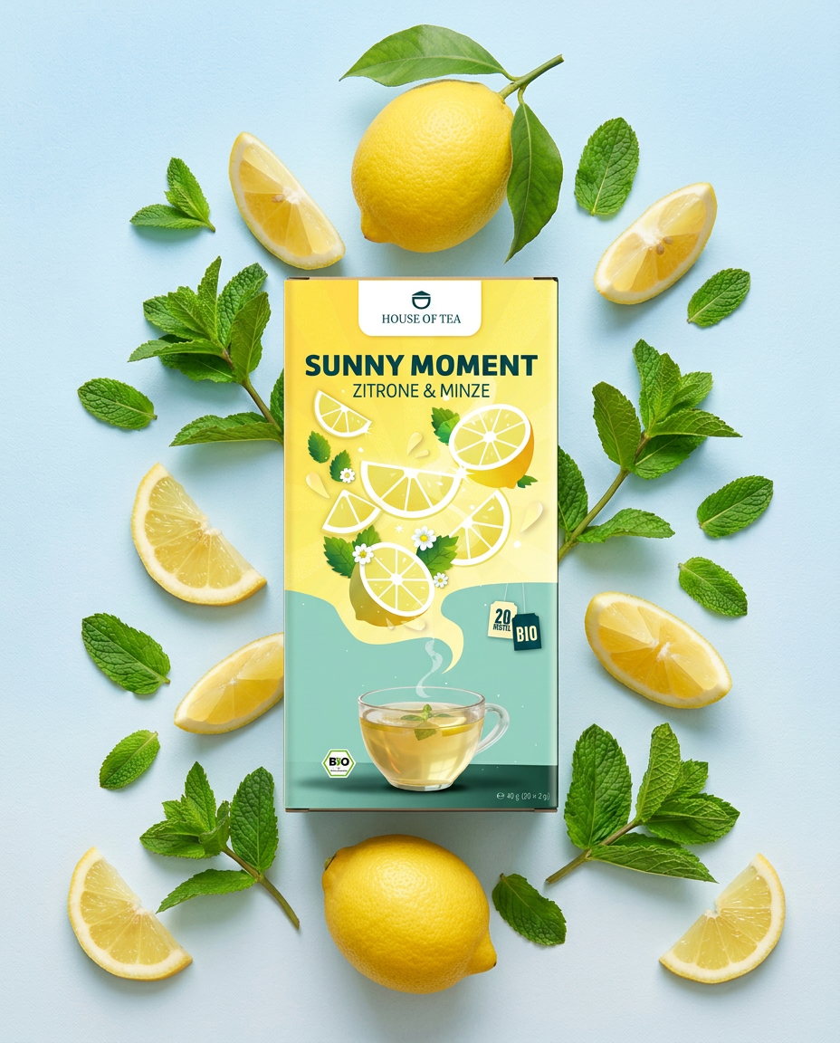konzeptionelles Design für einen Bio-Tee, illustrative Verpackungsgestaltung für die Sorte Sunny Moment, Zitrone & Minze
