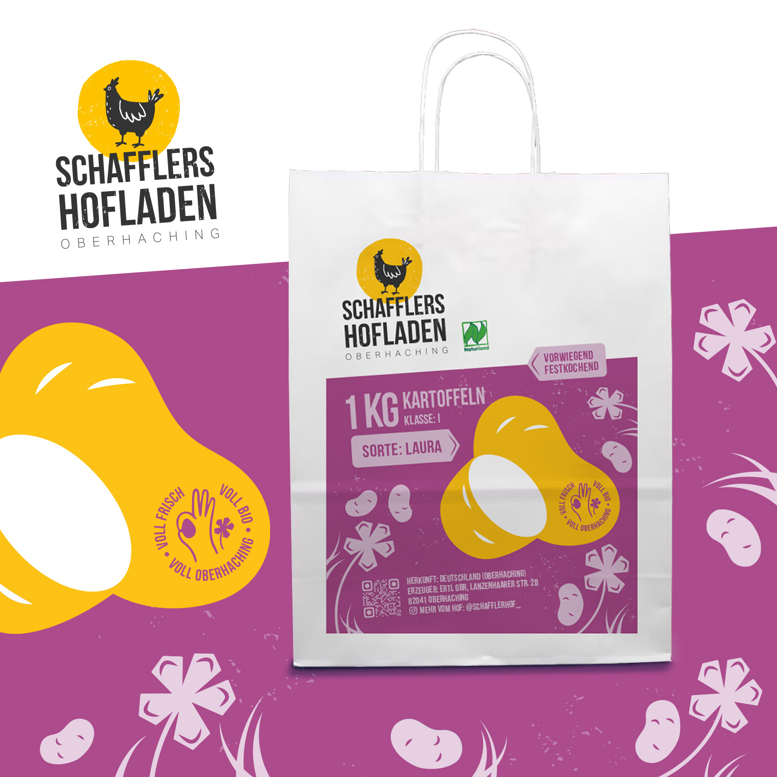 modernes Tütendesign für Kartoffeln (Sorte Laura) mit Sortendifferenzierung für den Schafflers Hofladen,  illustratives Packaging Design von Stefanie Twellmann